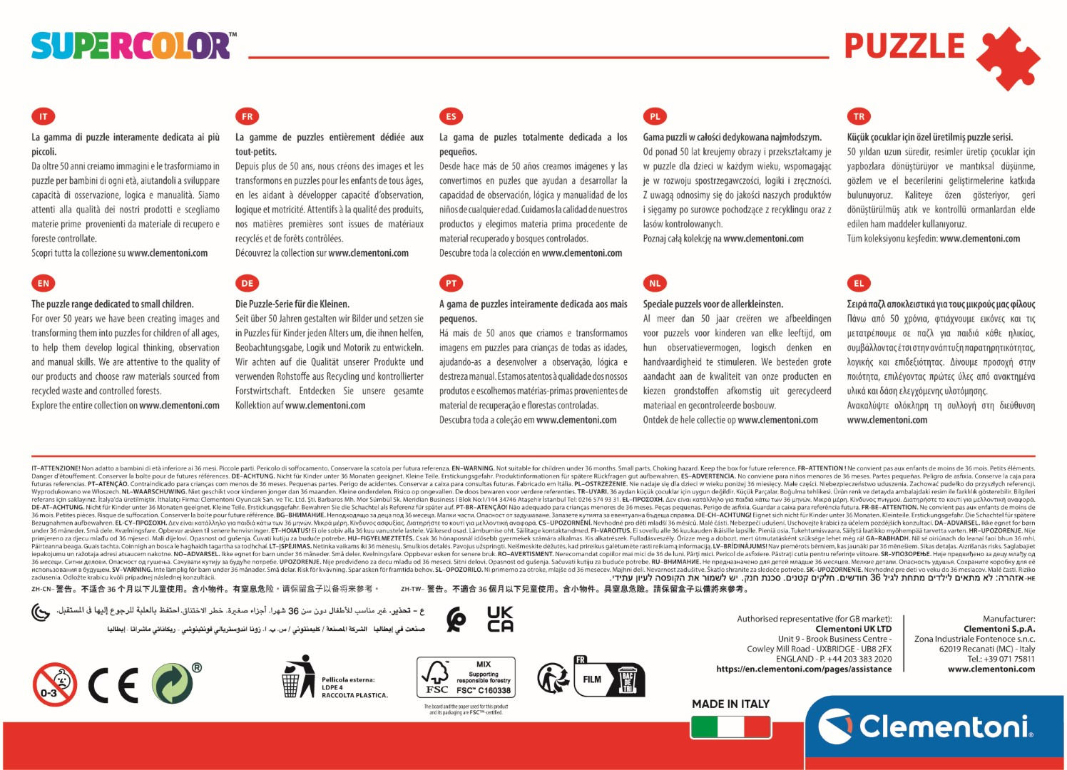 Una caja de rompecabezas colorida con texto en varios idiomas y piezas.