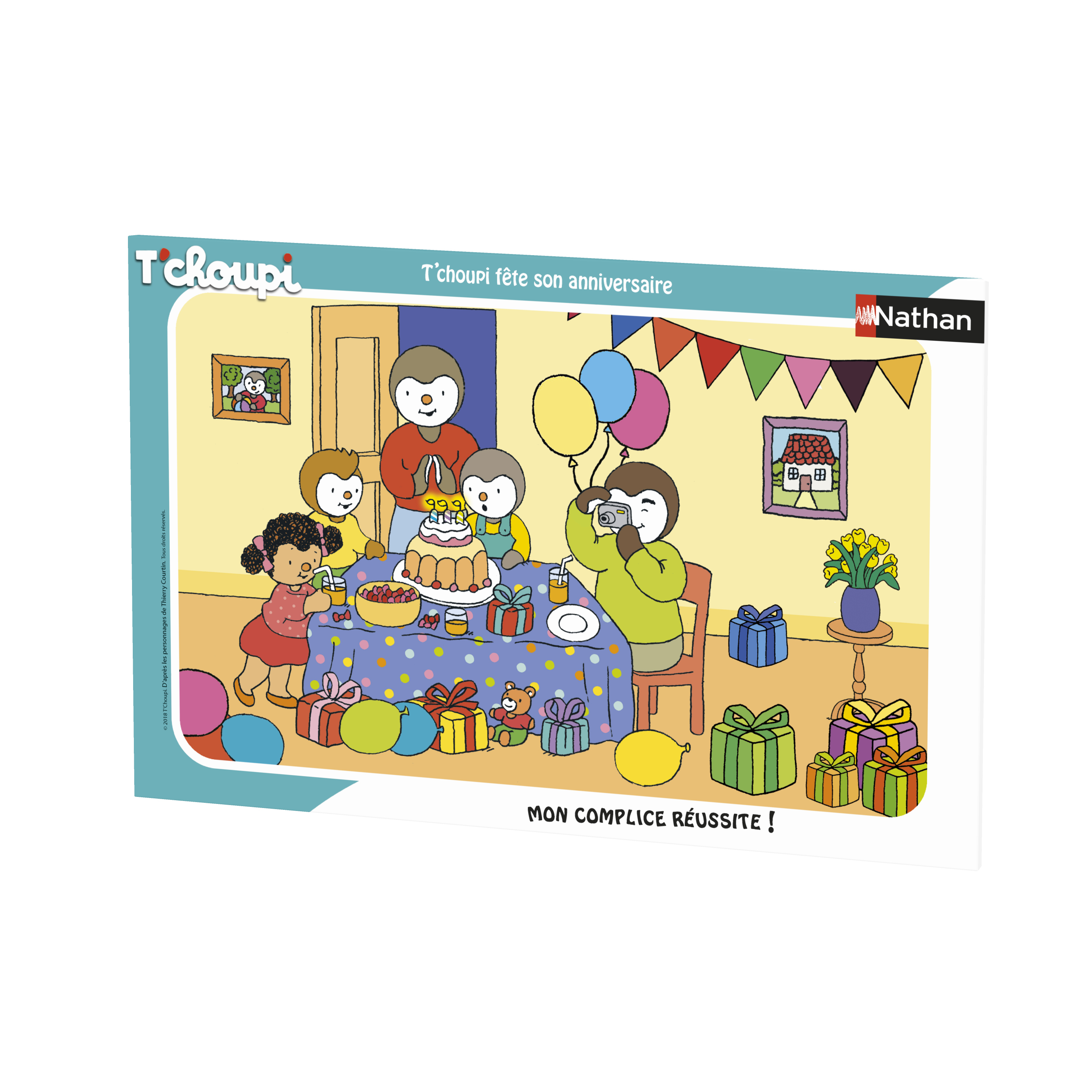 Ilustracja urodzin z postaciami T'choupi. Obecne są tort, prezenty, balony i dekoracje.