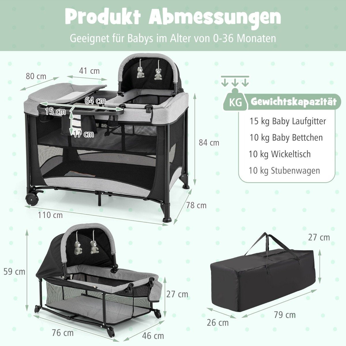 Afbeelding toont babybox met afmetingen. Het heeft een luifel en een draagtas. Details van draagvermogen zijn ook aanwezig.