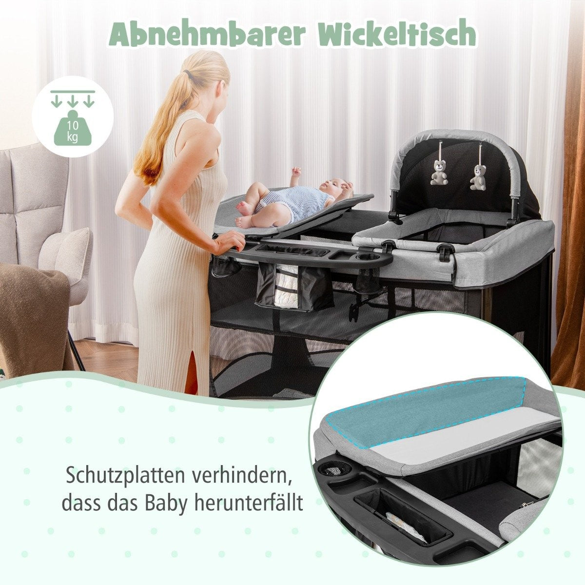 Een vrouw staat bij een aankleedstation met een baby erop. De tekst erboven zegt 'Afneembare aankleedtafel'.