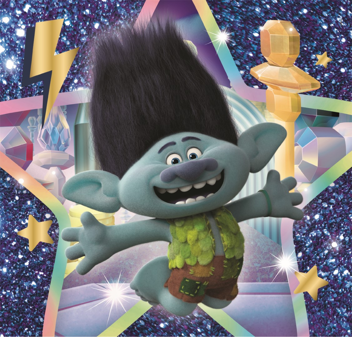 Niebieski troll z czarnymi włosami uśmiecha się, ubrany w zieloną kamizelkę i brązowe szorty, otoczony gwiazdą i iskierkami.