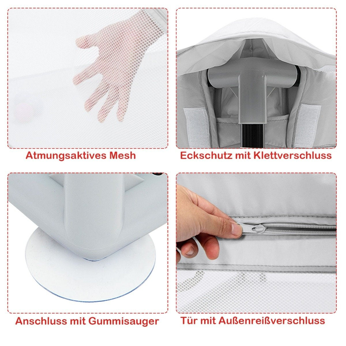De afbeelding toont vier productdetails: mesh, hoekbescherming, zuignapverbinding en een deur met ritssluiting. Elk is in het Duits gelabeld.