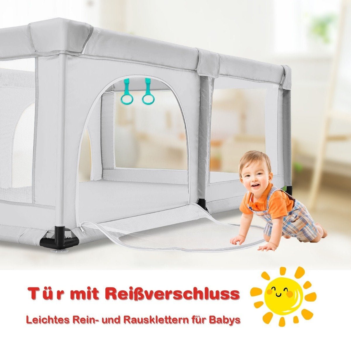Een baby kruipt naar de kijker. Een grijze box staat op de achtergrond. De tekst zegt 'Deur met rits' en 'Gemakkelijk in en uit klimmen voor baby's'.