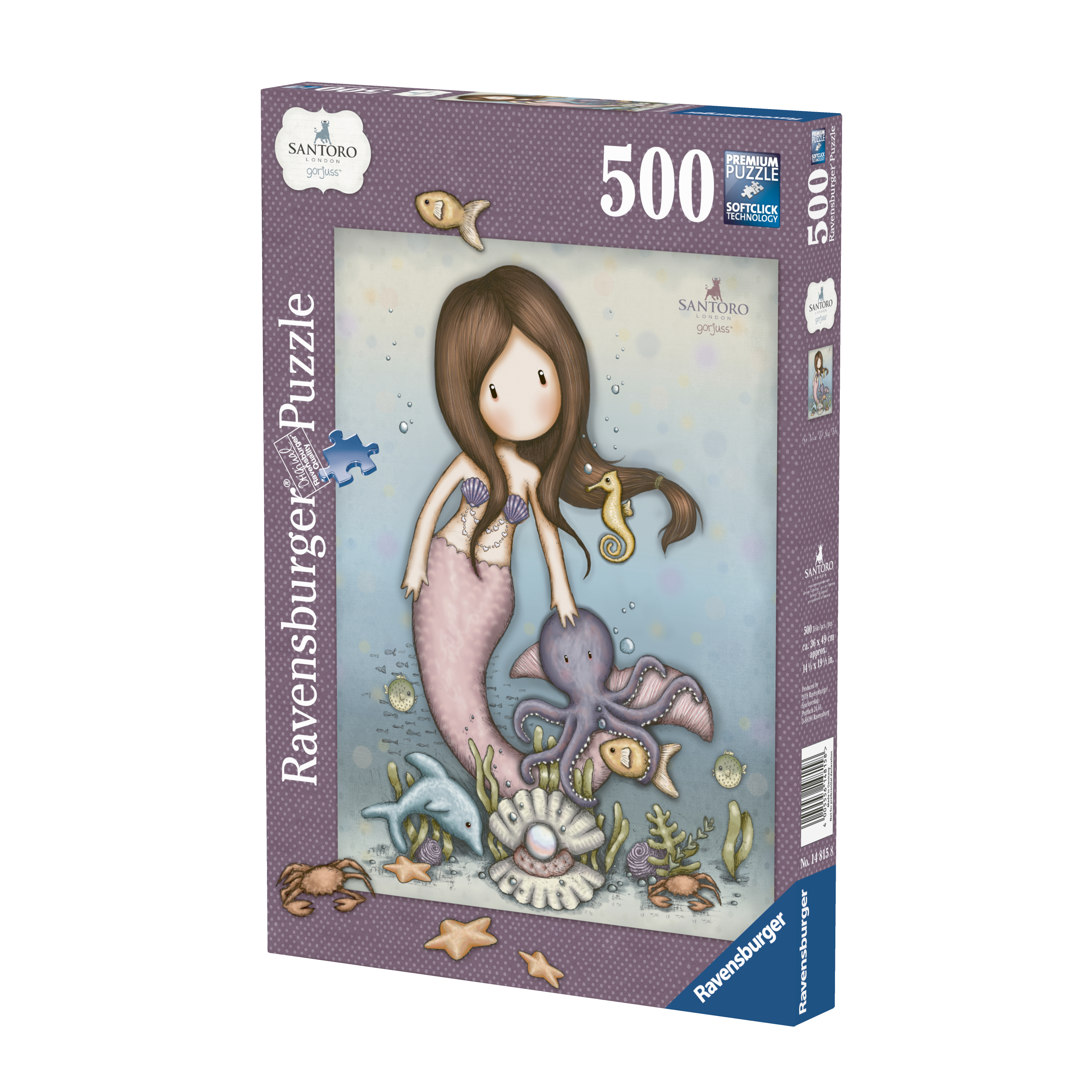 Pudełko z puzzlami z syreną, ośmiornicą i konikiem morskim w podwodnej scenerii.