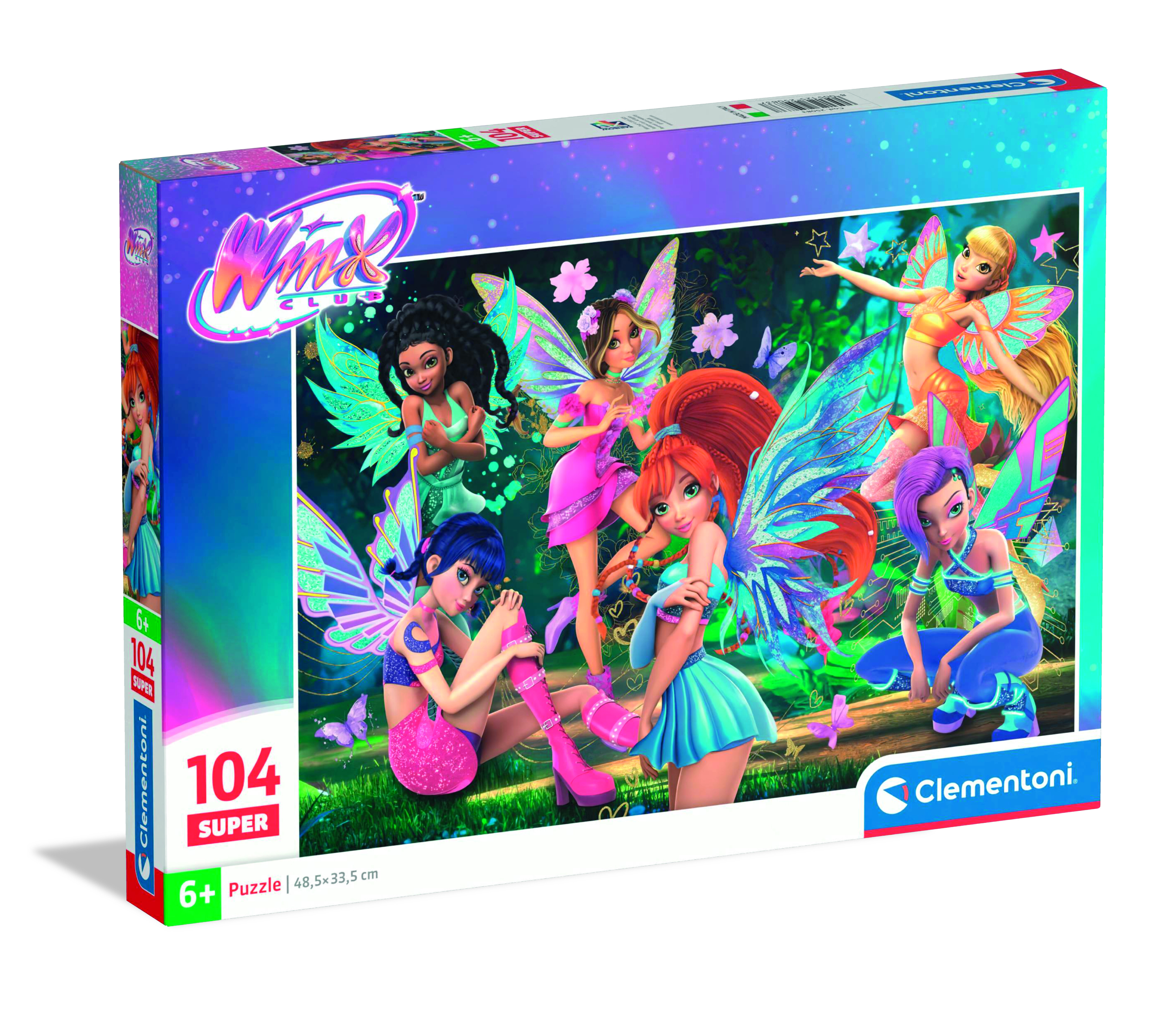 Boîte de puzzle avec des fées du Winx Club. Elle montre plusieurs fées de dessins animés avec des ailes, dans diverses poses sur fond vert.