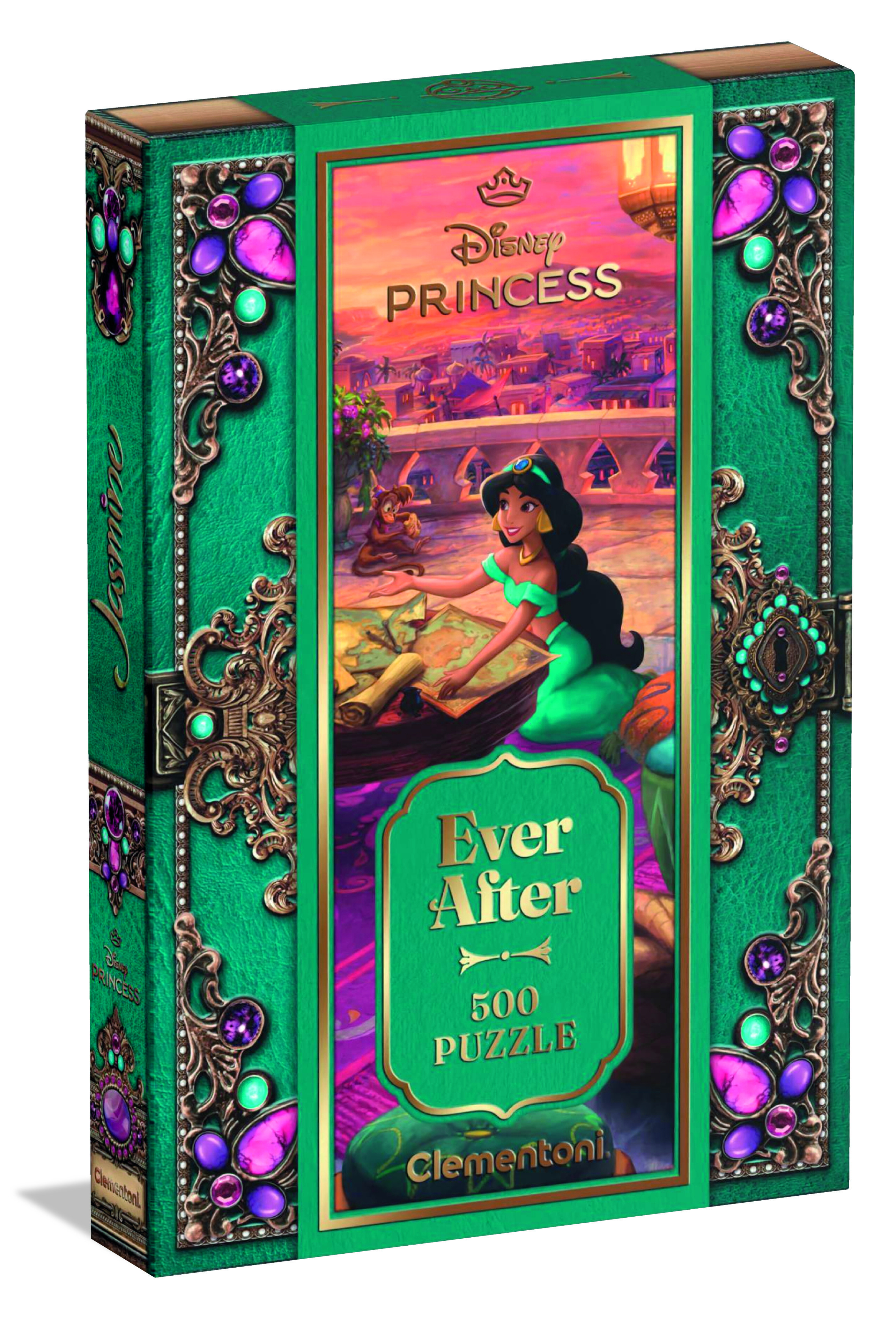 Pudełko z puzzlami przedstawia Jasminę, Dżina i tło pałacu. Zielona i złota rama z klejnotami. Wyświetlane są "Ever After" i "500 Puzzle".