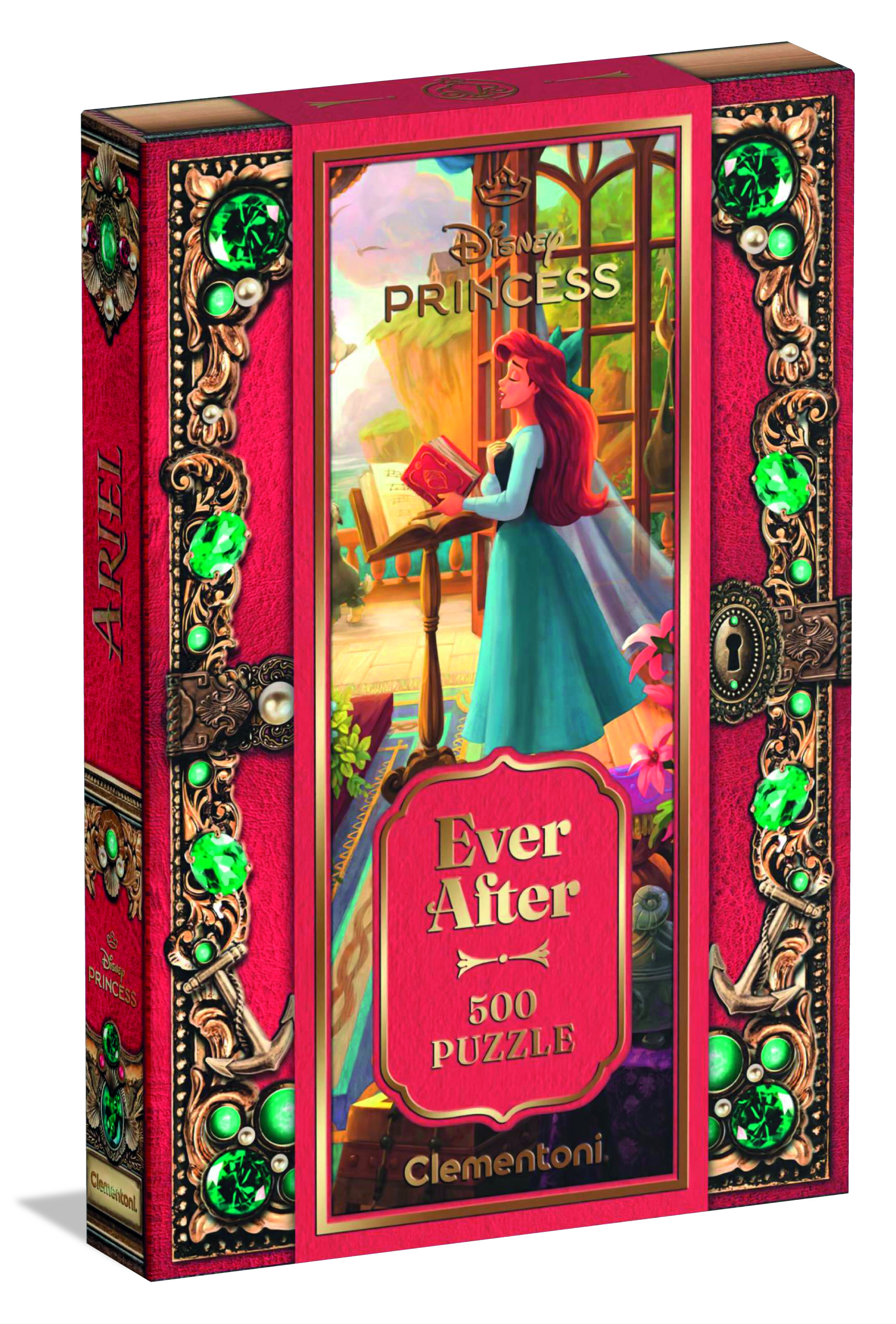 Pudełko z puzzlami Ariel czytającej, z zielonymi klejnotami i złotymi akcentami. Pudełko jest czerwone z motywem Disney Princess.