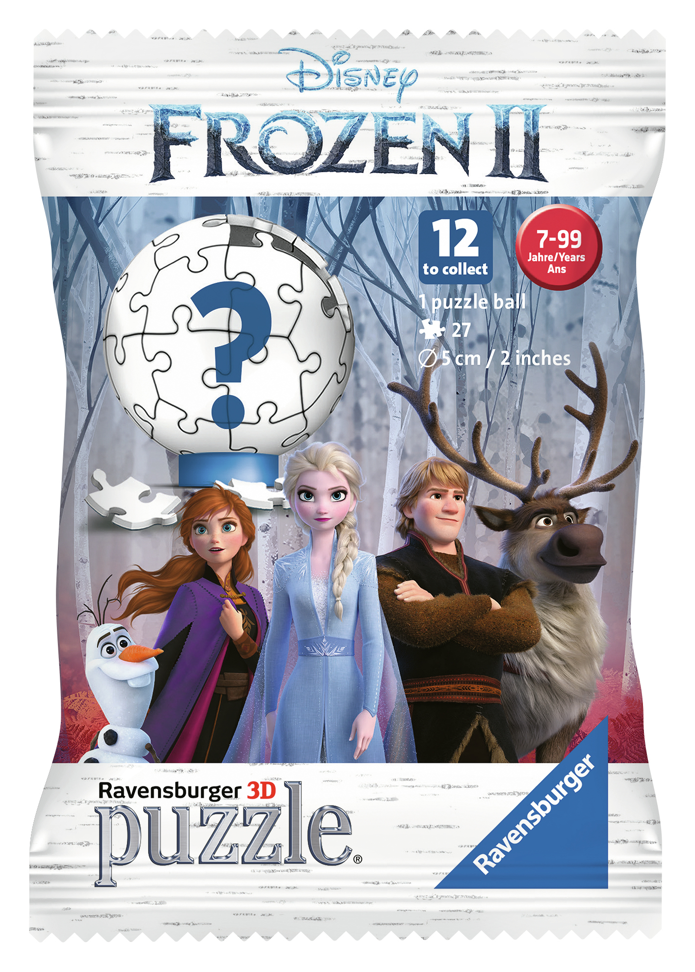 Confezione della palla puzzle di Frozen II. Sono presenti i personaggi Anna, Elsa, Kristoff, Olaf e Sven. Una palla puzzle è di fronte. La confezione dice 12 da collezionare.