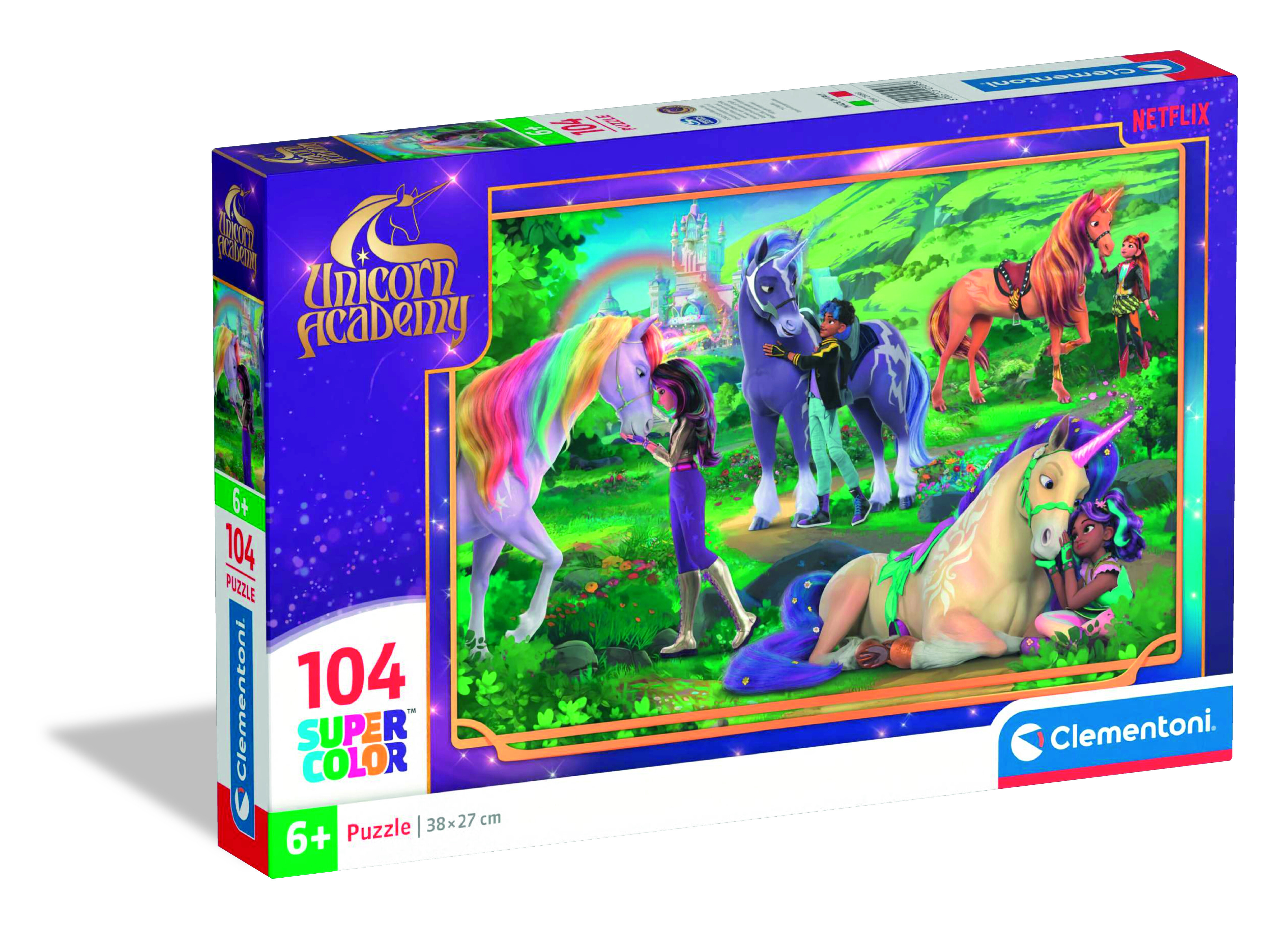 Pudełko z puzzlami z jednorożcami i ludźmi. Kolorowe grzywy, zamek w tle i słowa 'Unicorn Academy'.