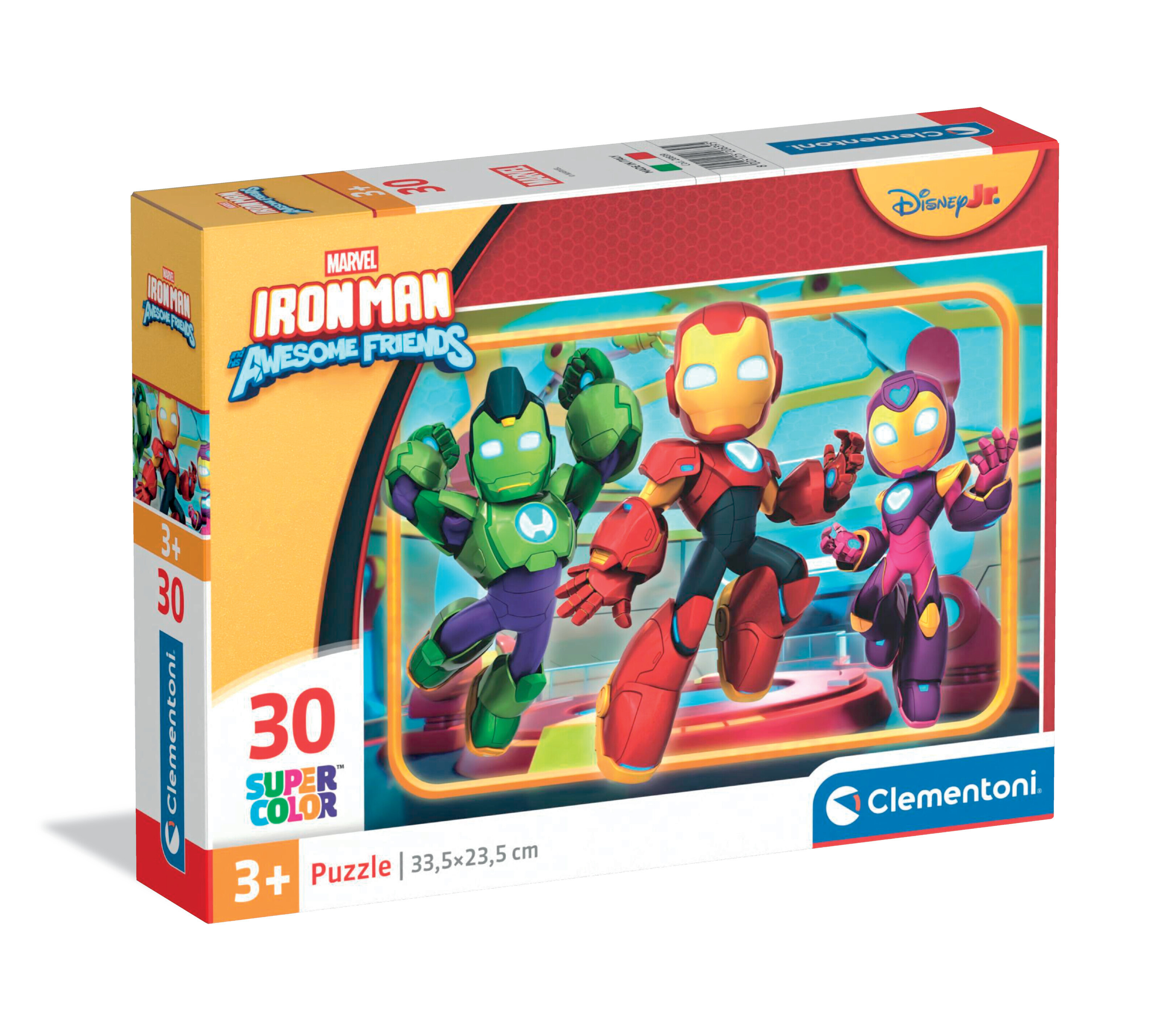 Scatola puzzle con personaggi di Iron Man. Include Iron Man, un personaggio verde e un personaggio rosa. La scatola è gialla e rossa.