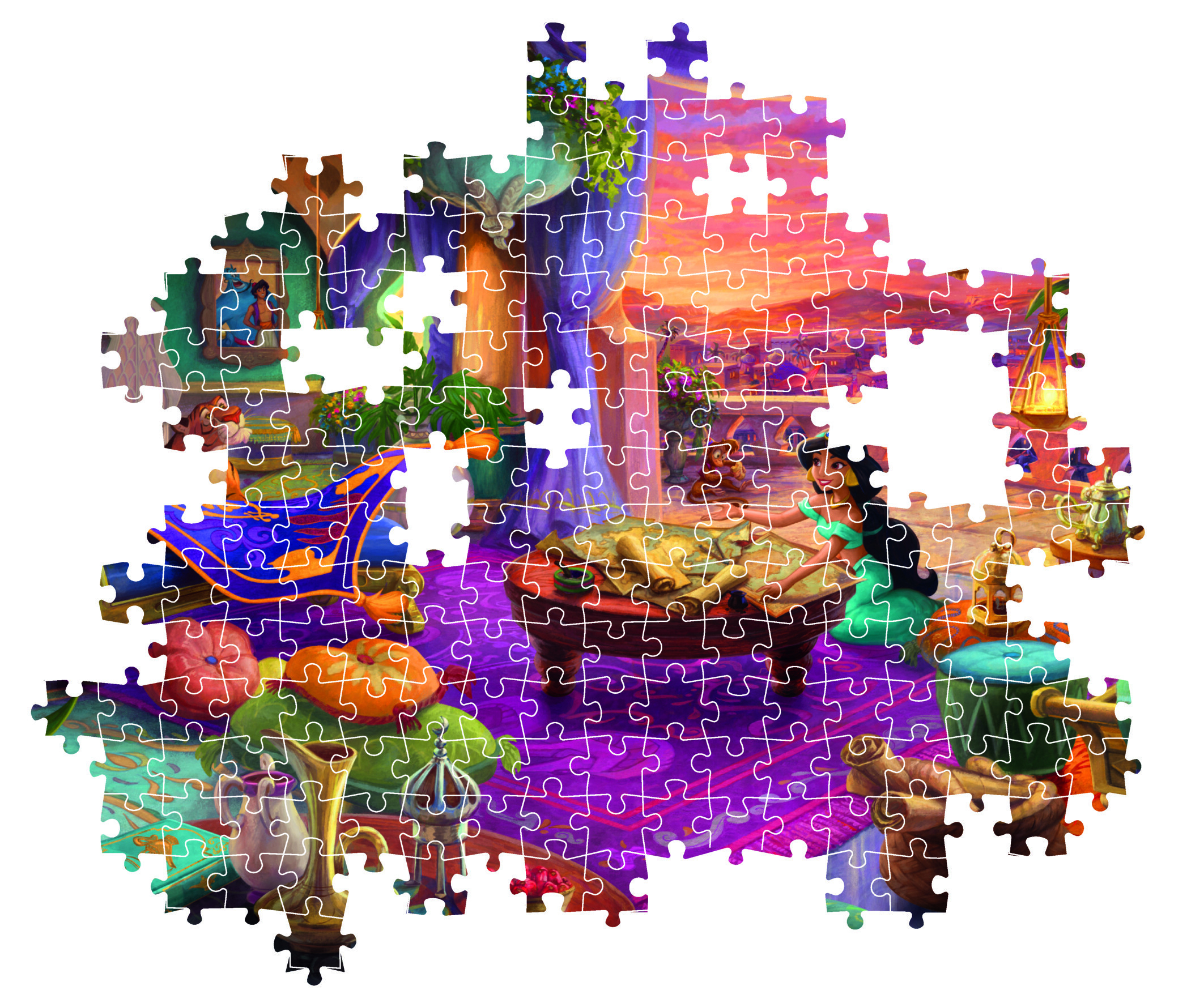Puzzle ze sceną z Aladyna. Dżasmina w zielonej sukience, patrzy na mapę, latający dywan, lampy i zachód słońca.