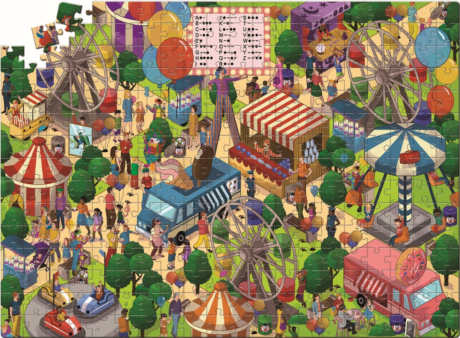 Kolorowa scena z puzzli przedstawiająca karnawał z diabelskimi młynami, straganami z jedzeniem, ludźmi i gigantyczną postacią na szczudłach.