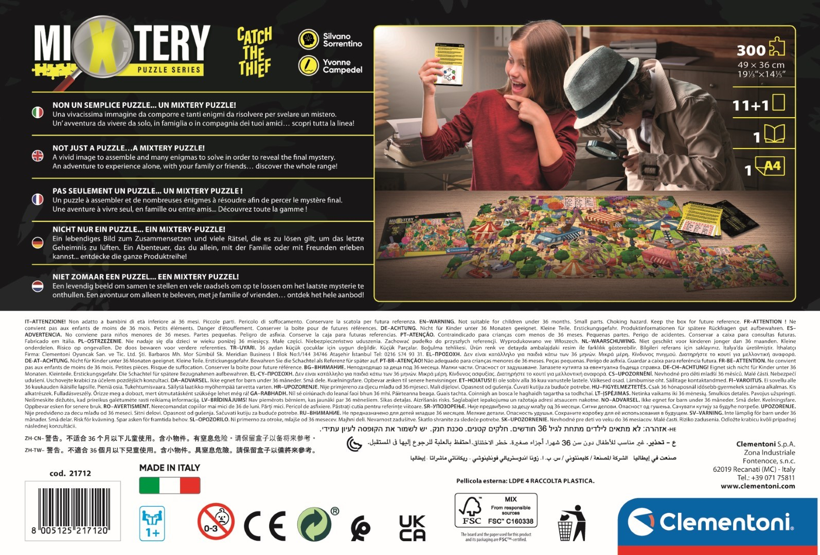 Pudełko z puzzlami z kolorowym obrazkiem, dziewczyna z kartą, dziewczyna patrzy na puzzle.