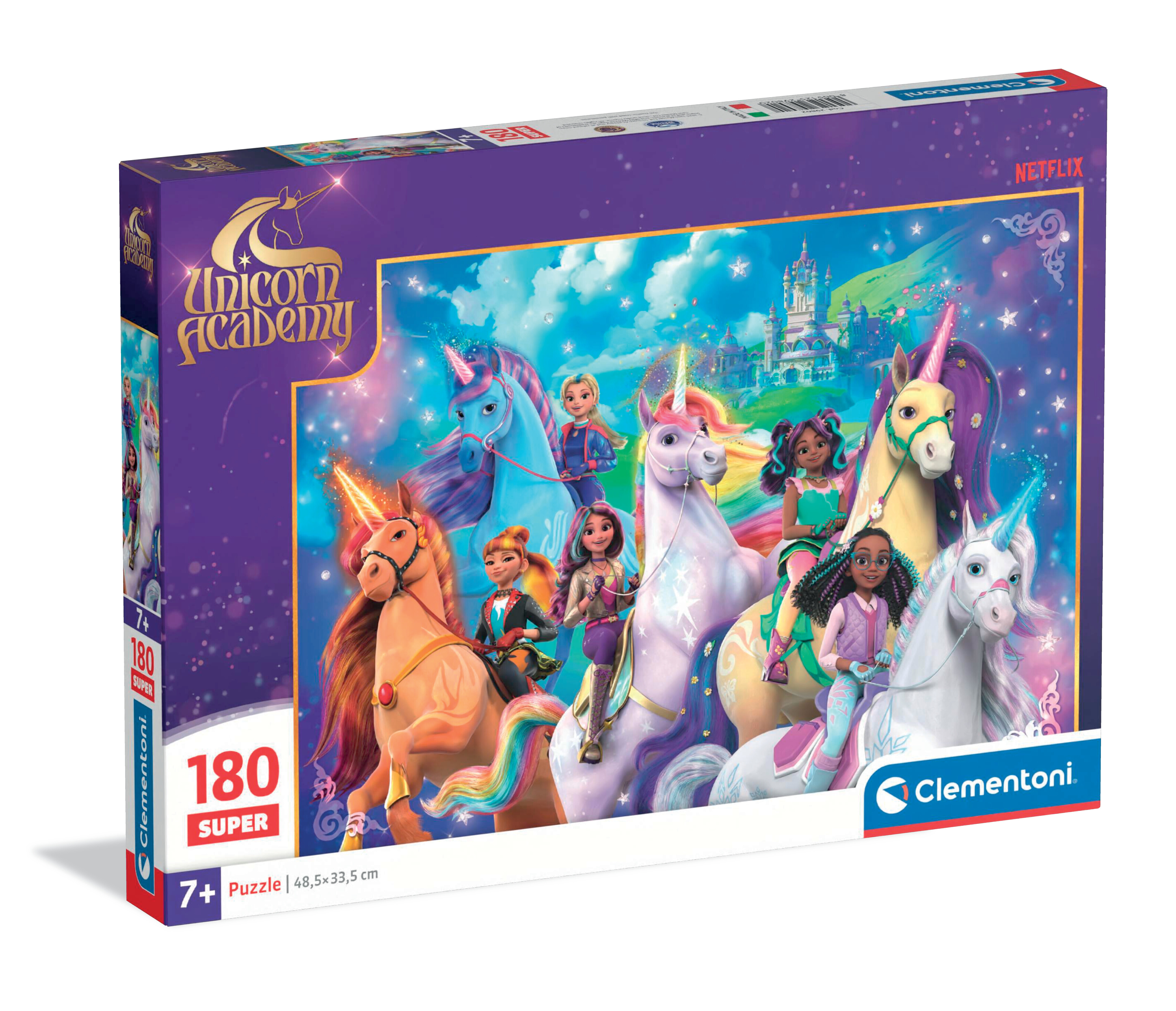 Pudełko z puzzlami z jednorożcami i jeźdźcami, zamkiem i logo Netflix.