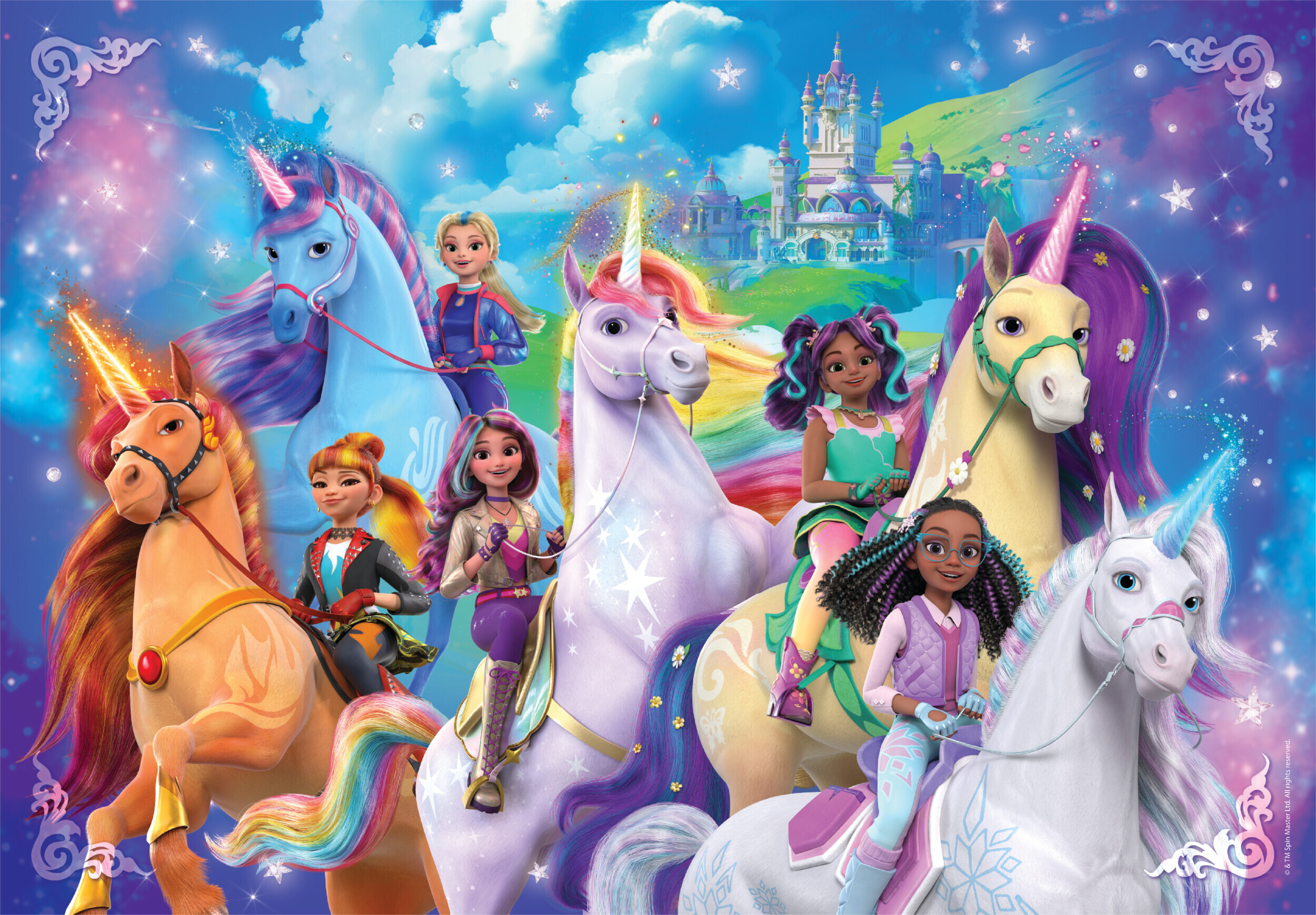 Fantastyczny obraz z kilkoma jednorożcami dosiadanymi przez dziewczyny, z zamkiem w tle i gwiaździstym niebem.