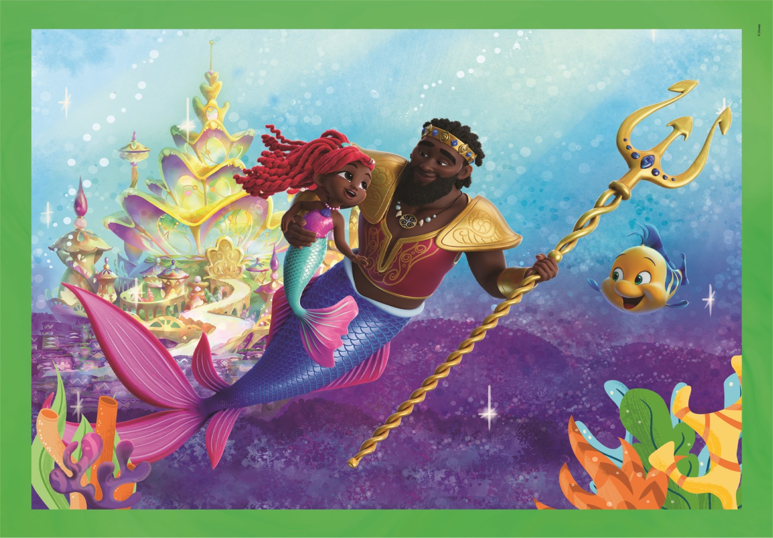 Una ilustración muestra a un hombre negro sosteniendo a una sirena. Un pez amarillo nada cerca de un tridente.