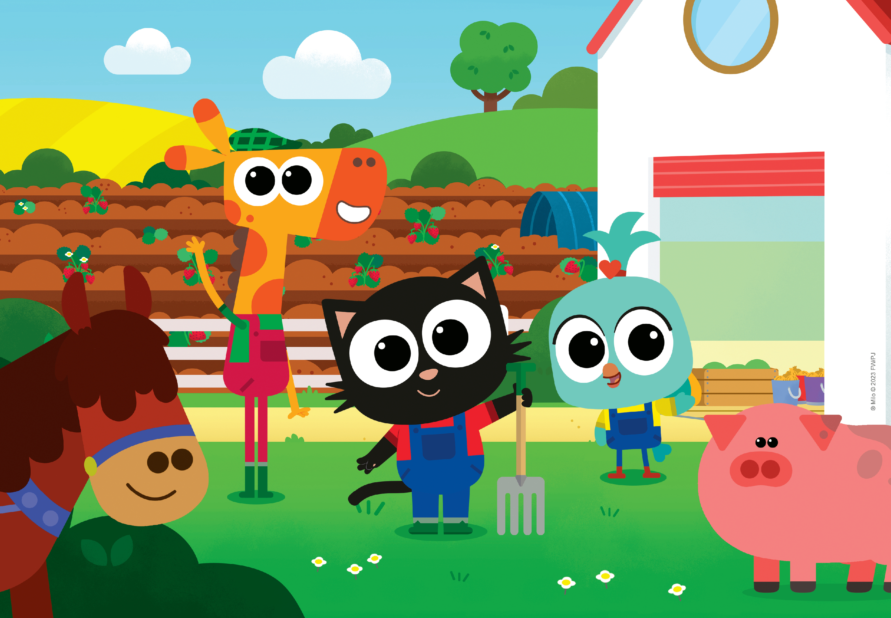 Scena z kreskówki z farmą z żyrafą, kotem, ptakiem, koniem, świnią i białą stodołą. Kot trzyma grabie.