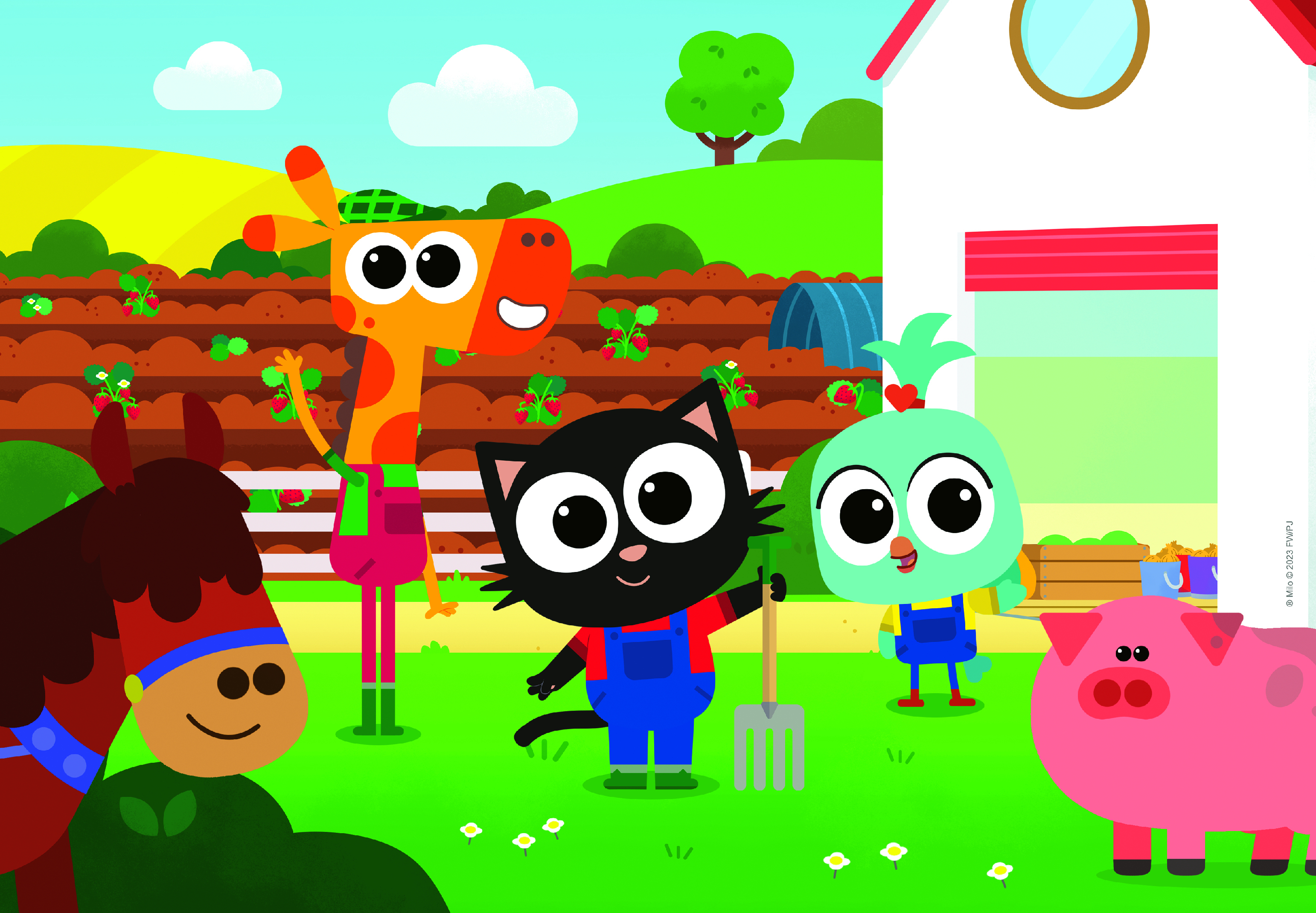 Scena z kreskówkowej farmy ze zwierzętami i postaciami, w tym kotem, żyrafą i świnią, z białym domem w tle.