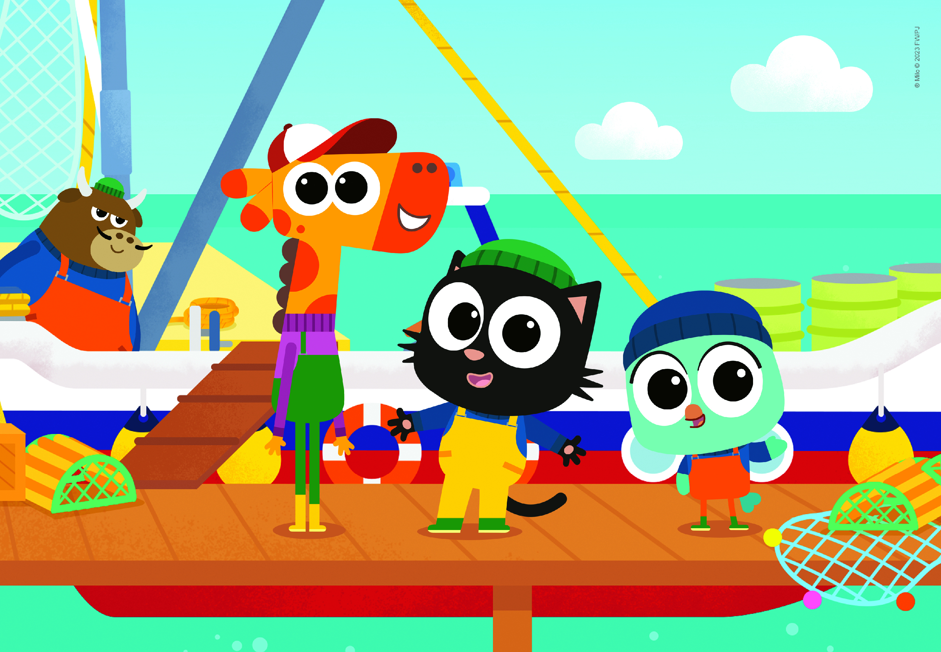 Kreskówka z postaciami zwierząt na doku. Żyrafa, kot i ptak noszą czapki i ogrodniczki. Tło to morze i niebo.