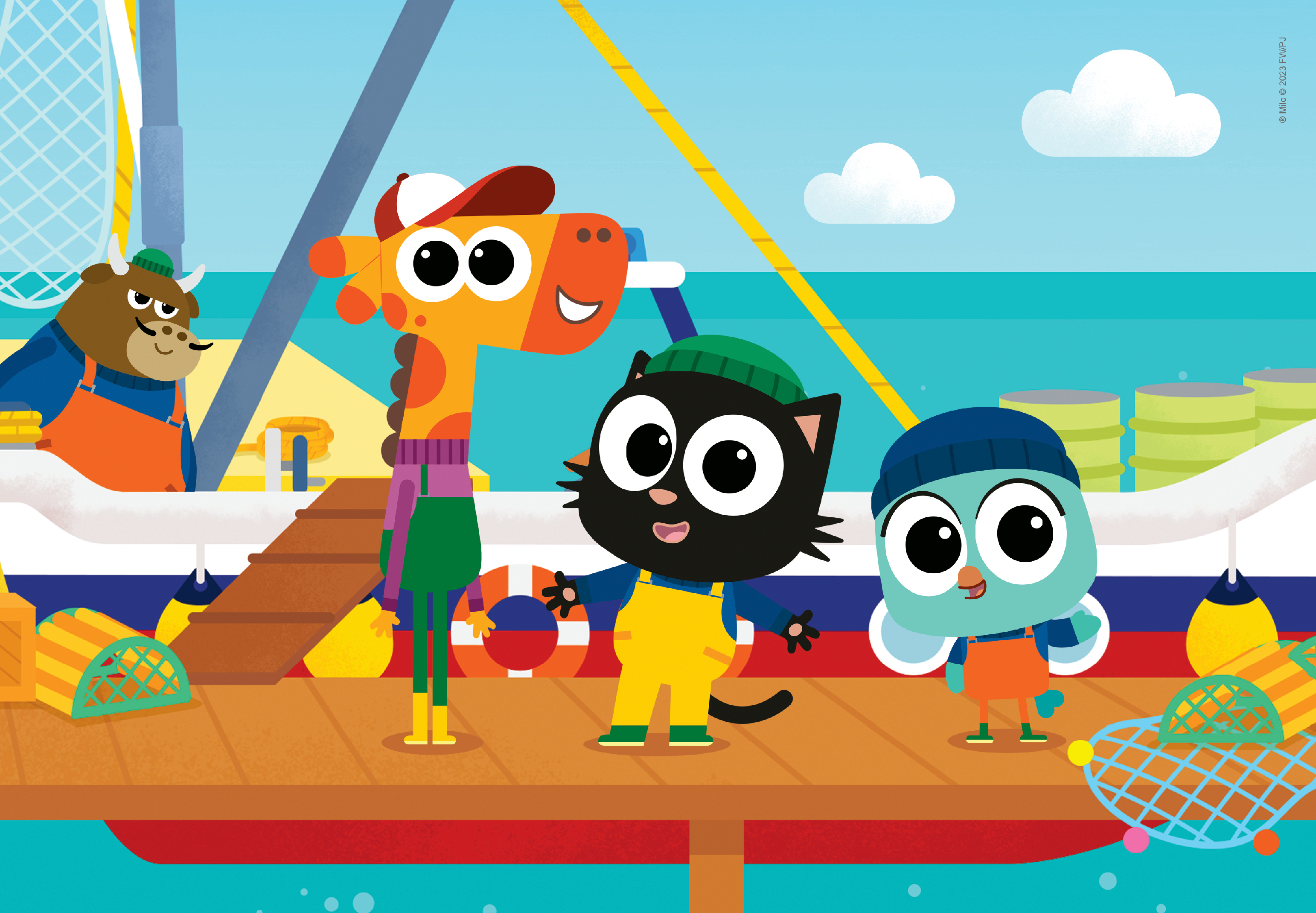 Scena z kreskówki z postaciami zwierząt na nabrzeżu. Postacie to żyrafa, kot, sowa i byk. Tłem jest morze.