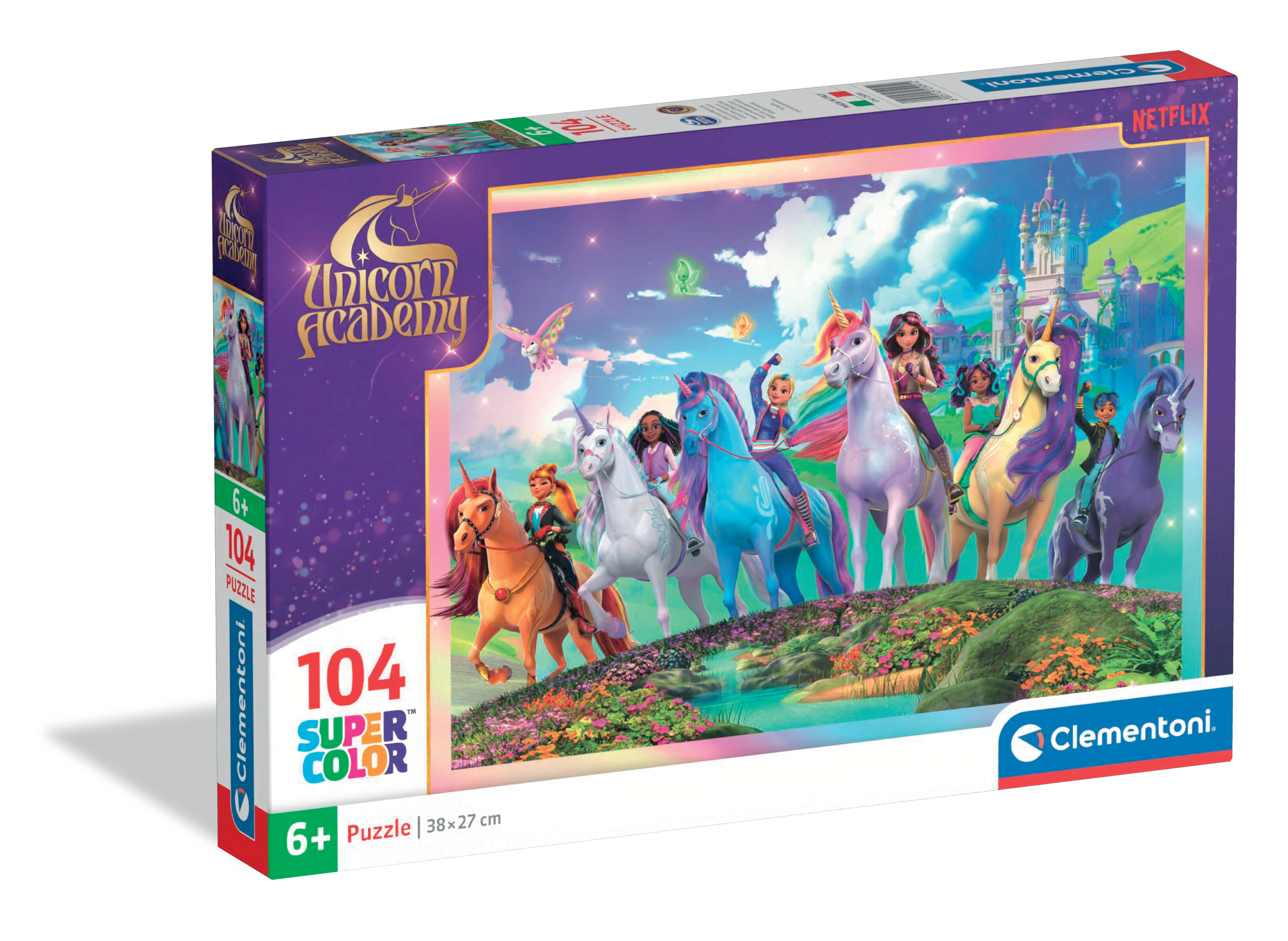 Scatola del puzzle con i personaggi di Unicorn Academy che cavalcano unicorni. Lo sfondo ha un castello e nuvole.