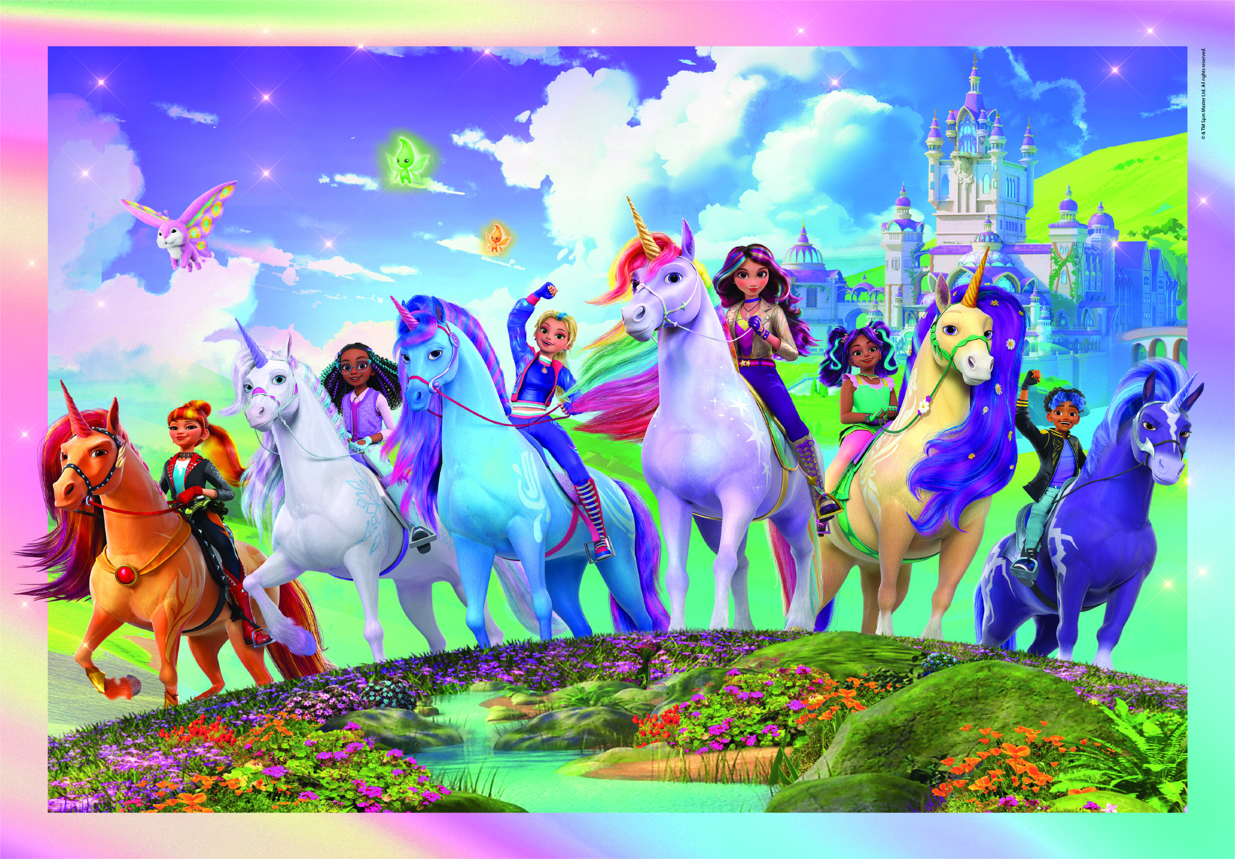 Immagine colorata di persone che cavalcano unicorni con un castello sullo sfondo. Una farfalla e delle fate sono nel cielo.