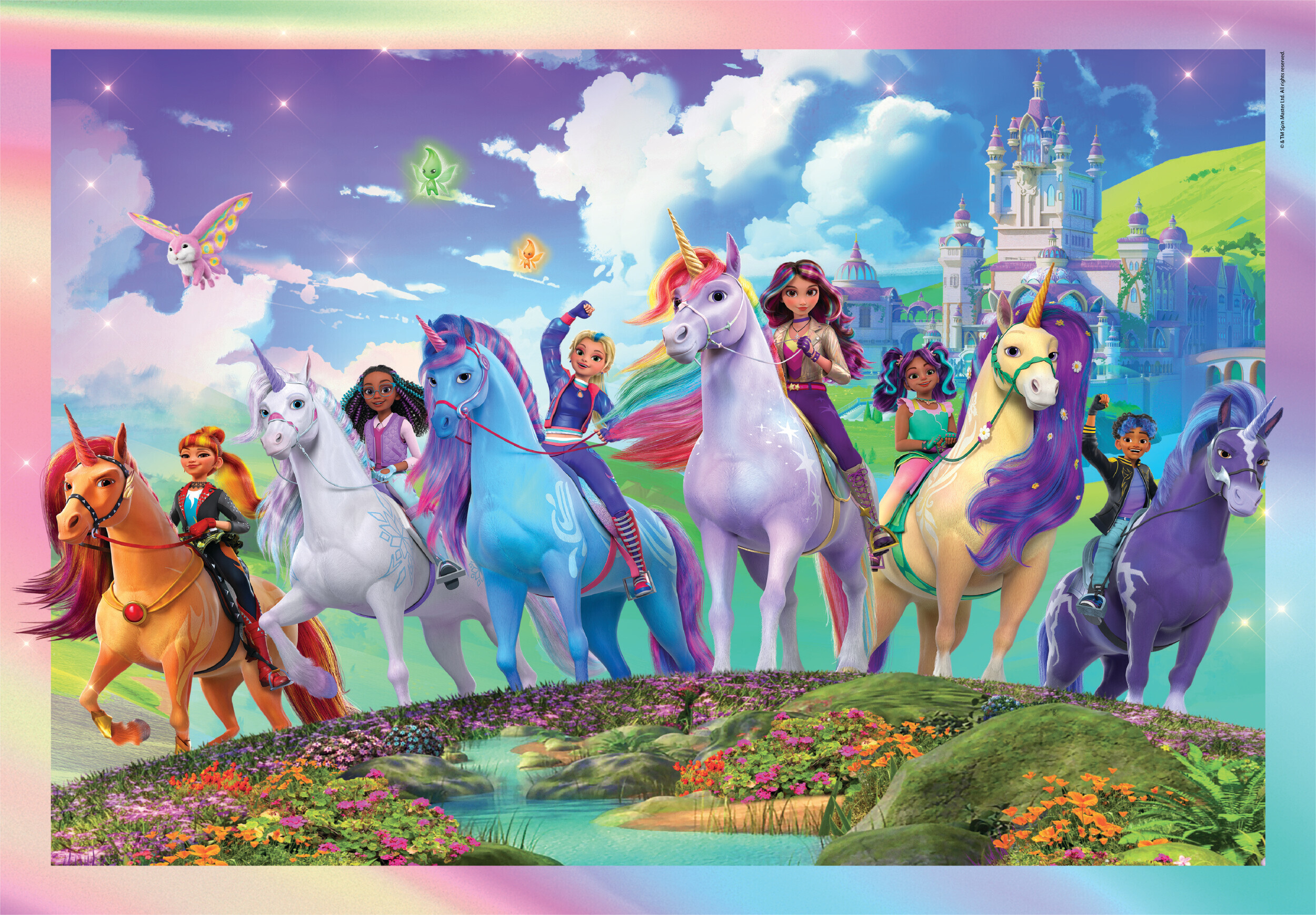 Illustrazione colorata di unicorni con cavalieri, una farfalla rosa e un castello sullo sfondo. Una scena fantasy.