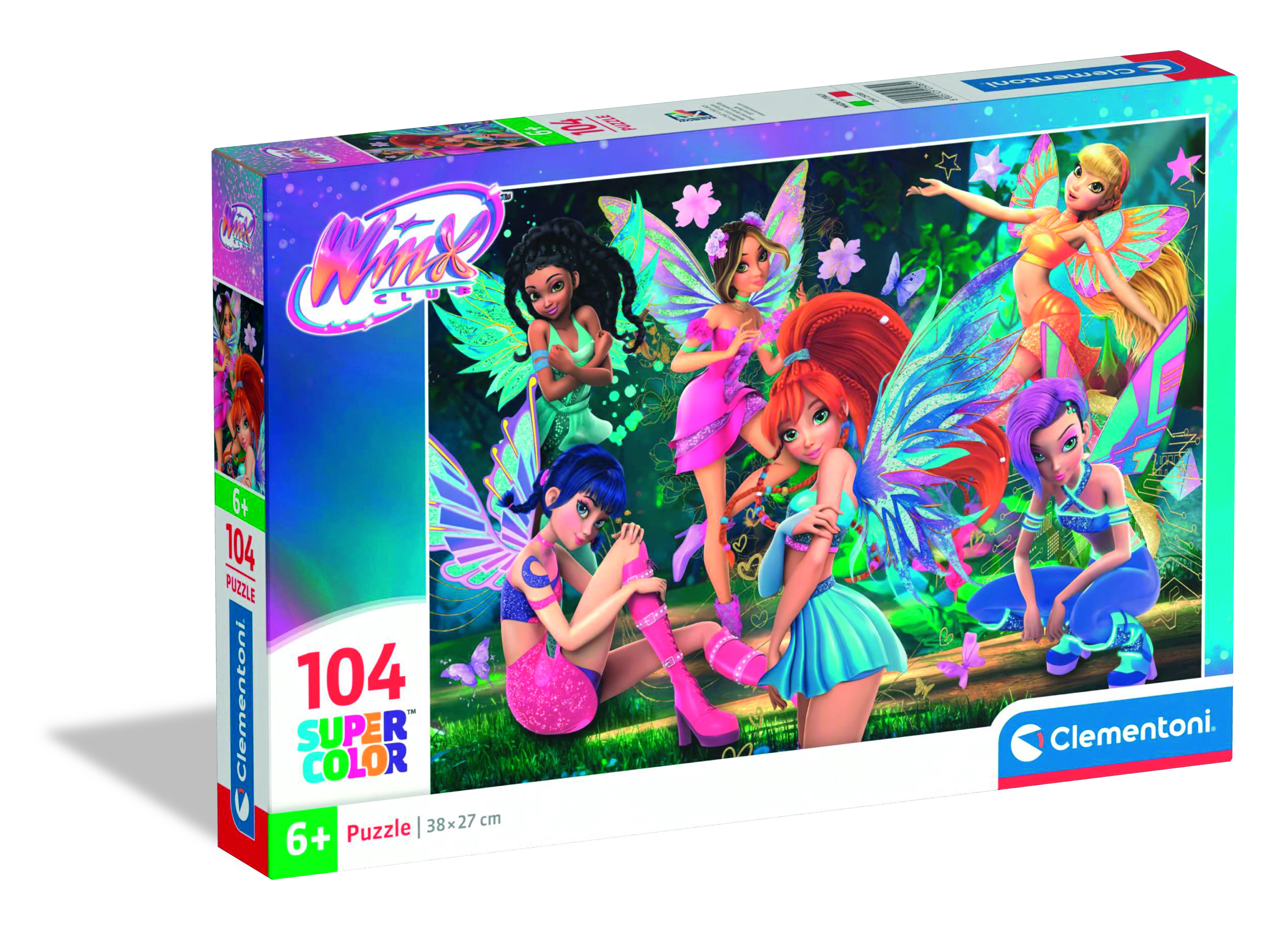 Puzzelbox met Winx Club-feeën. De doos toont zes feeën met vleugels op een groene achtergrond. Het is een puzzel van 104 stukjes.
