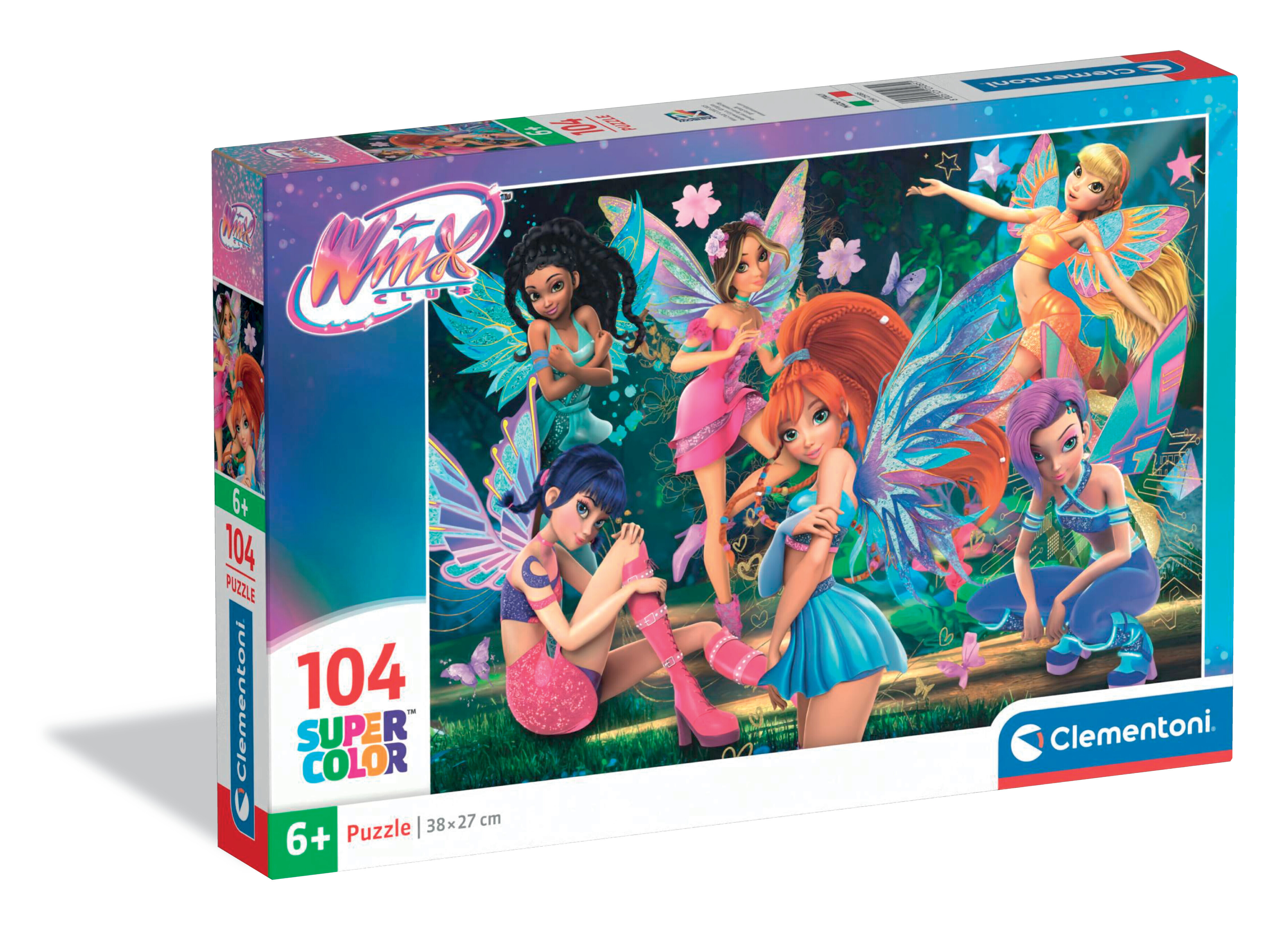 Puzzeldoos met Winx Club-feeën. De doos is blauw en wit met het logo en afbeeldingen van feeën met vleugels.
