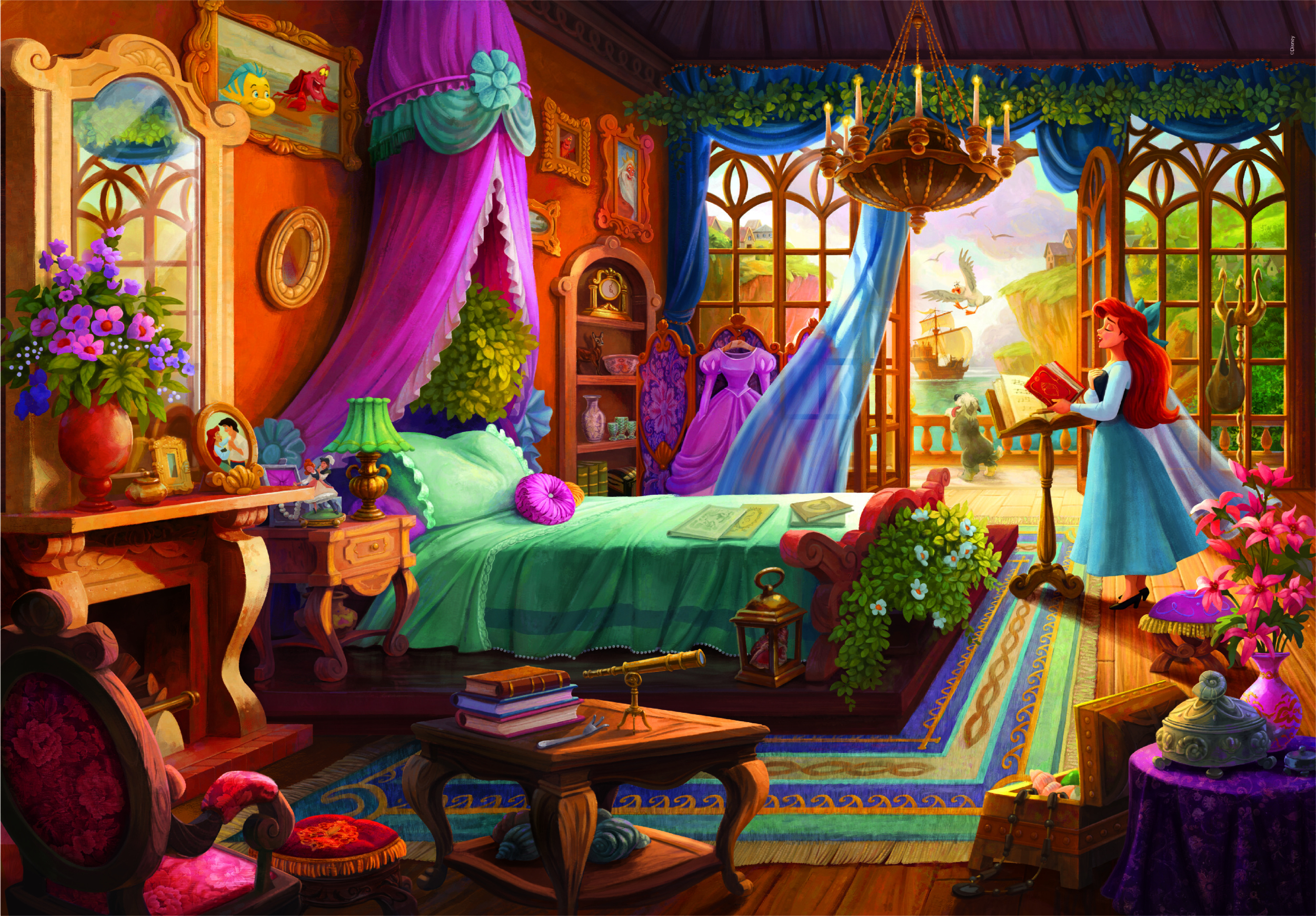 Ariel czyta książkę w swoim pokoju. Widoczne są łóżko, okno i widok na morze. Pokój jest kolorowy i bogato zdobiony.