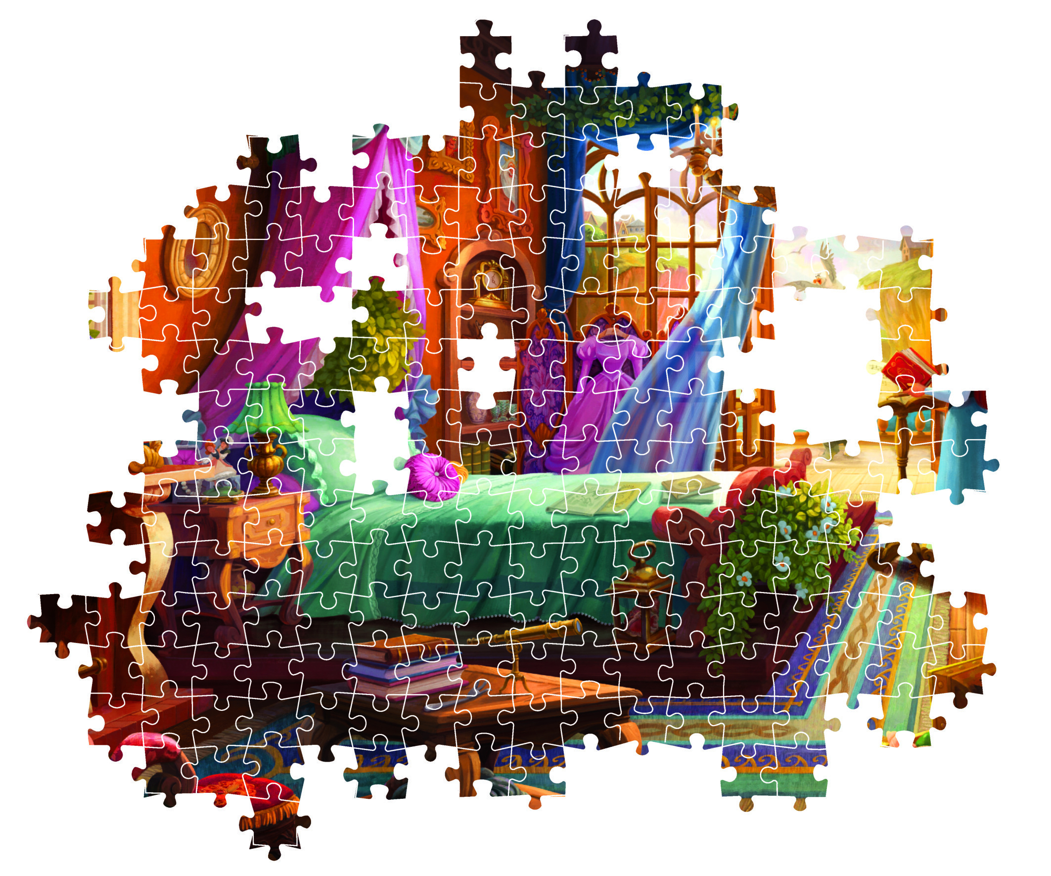 Kolorowa ilustracja pokoju przedstawionego jako puzzle. Widoczne są łóżko, biurko i okno, z żywymi kolorami.