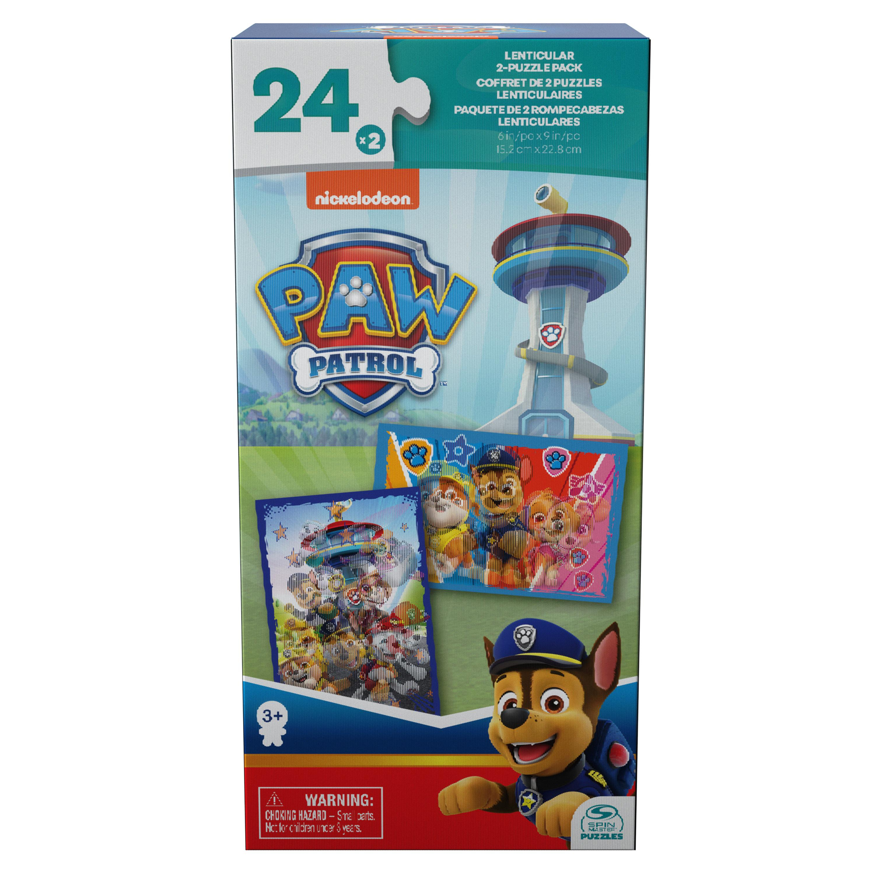 Una caja de rompecabezas de Paw Patrol. Chase, el perro, está en la caja. La caja tiene dos rompecabezas.