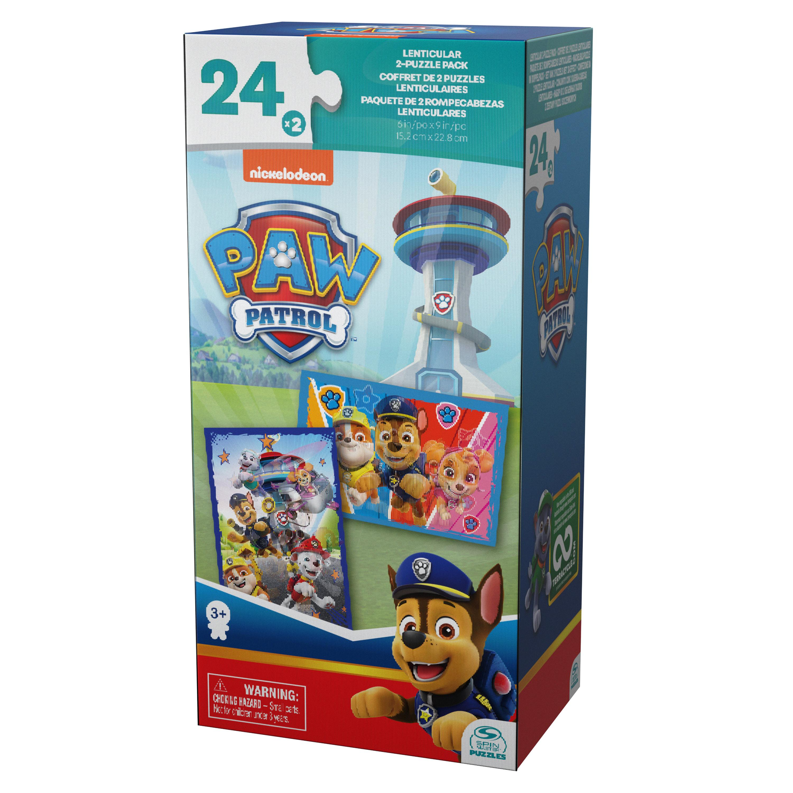 Una caja de rompecabezas de Paw Patrol. Chase, el perro, está al frente. También se muestra la torre y otros personajes.