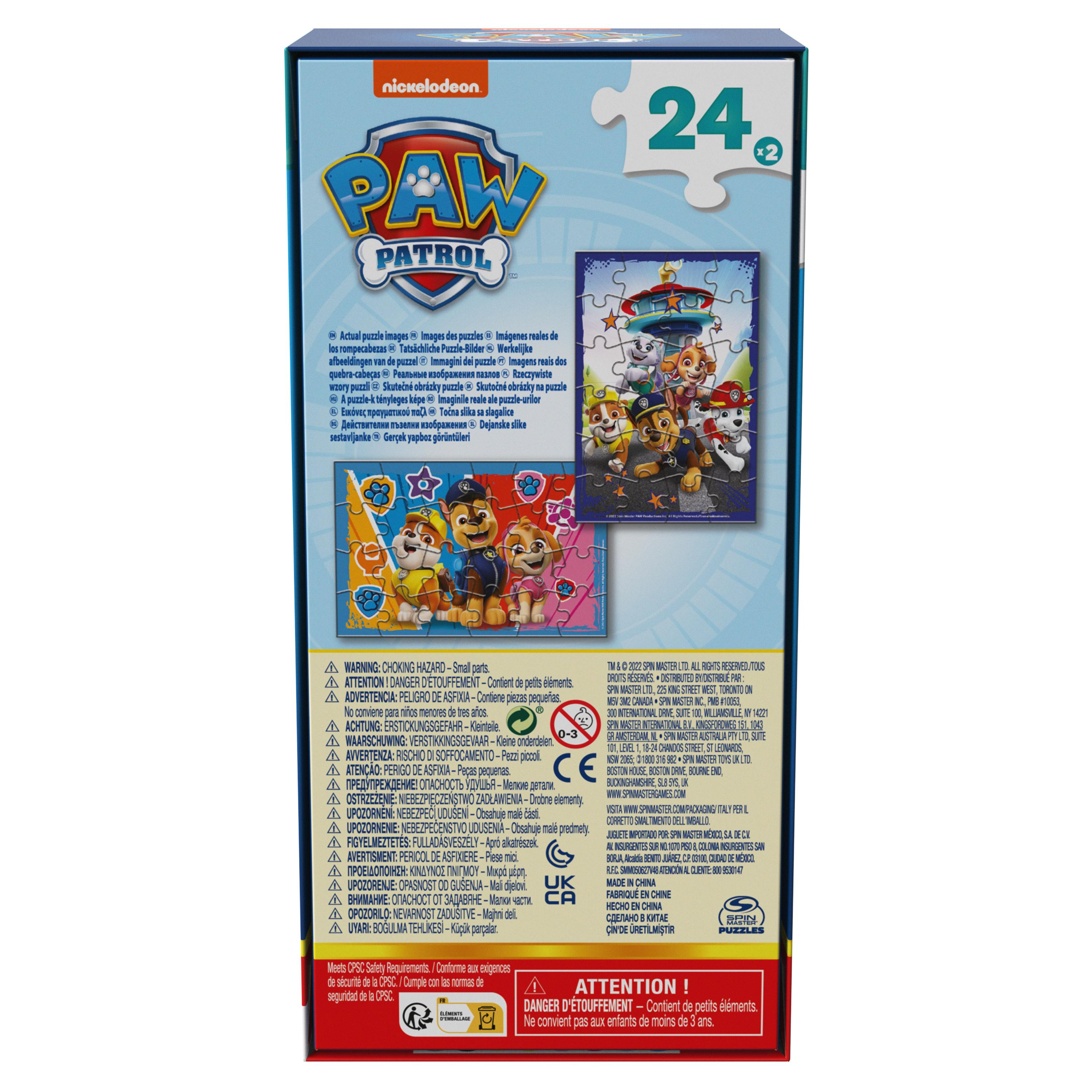 Una caja de rompecabezas de Paw Patrol. Los personajes del rompecabezas son visibles. La caja tiene fondo azul y logo Nickelodeon.