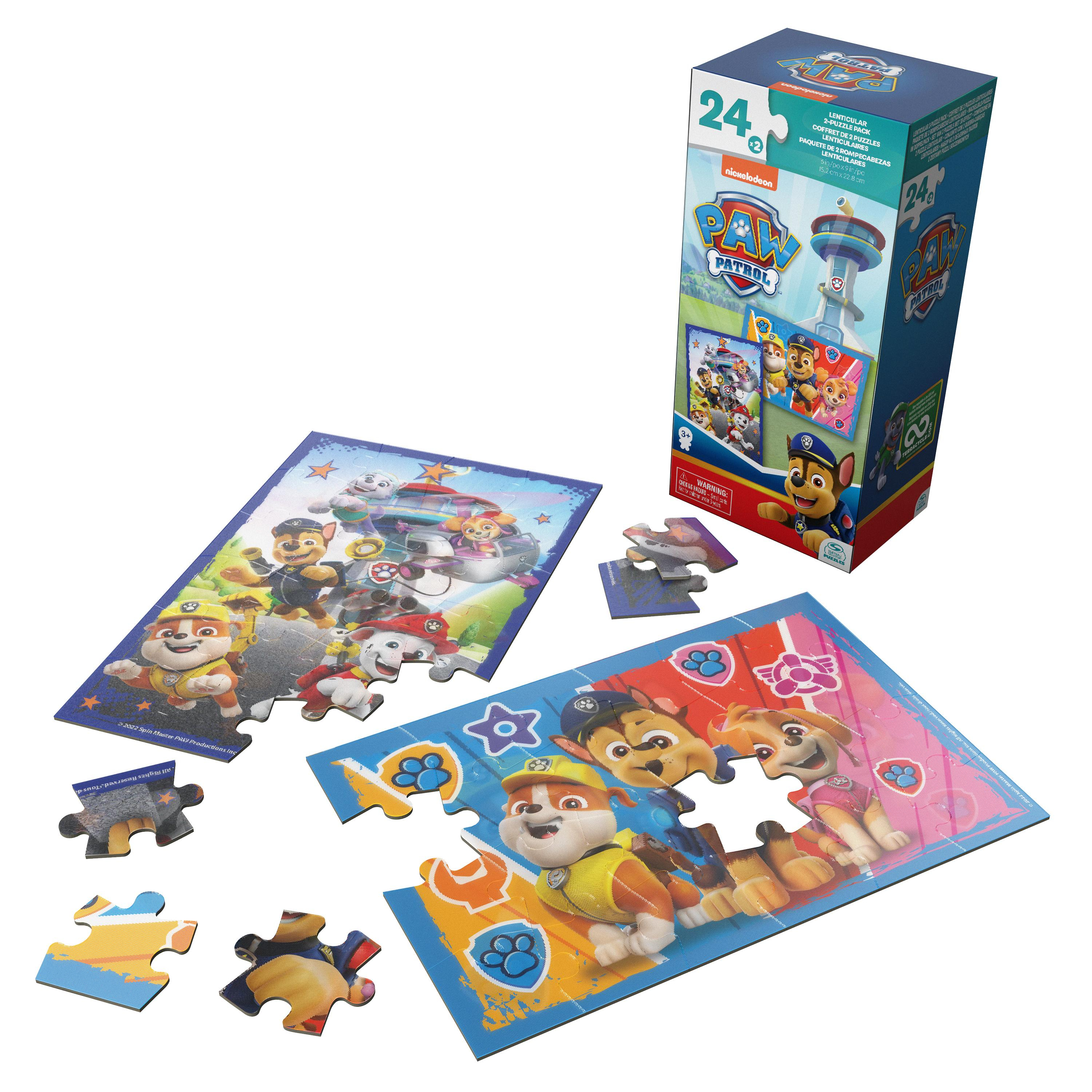 Un juego de rompecabezas de Paw Patrol con dos rompecabezas y una caja. Los rompecabezas muestran perros de dibujos animados.