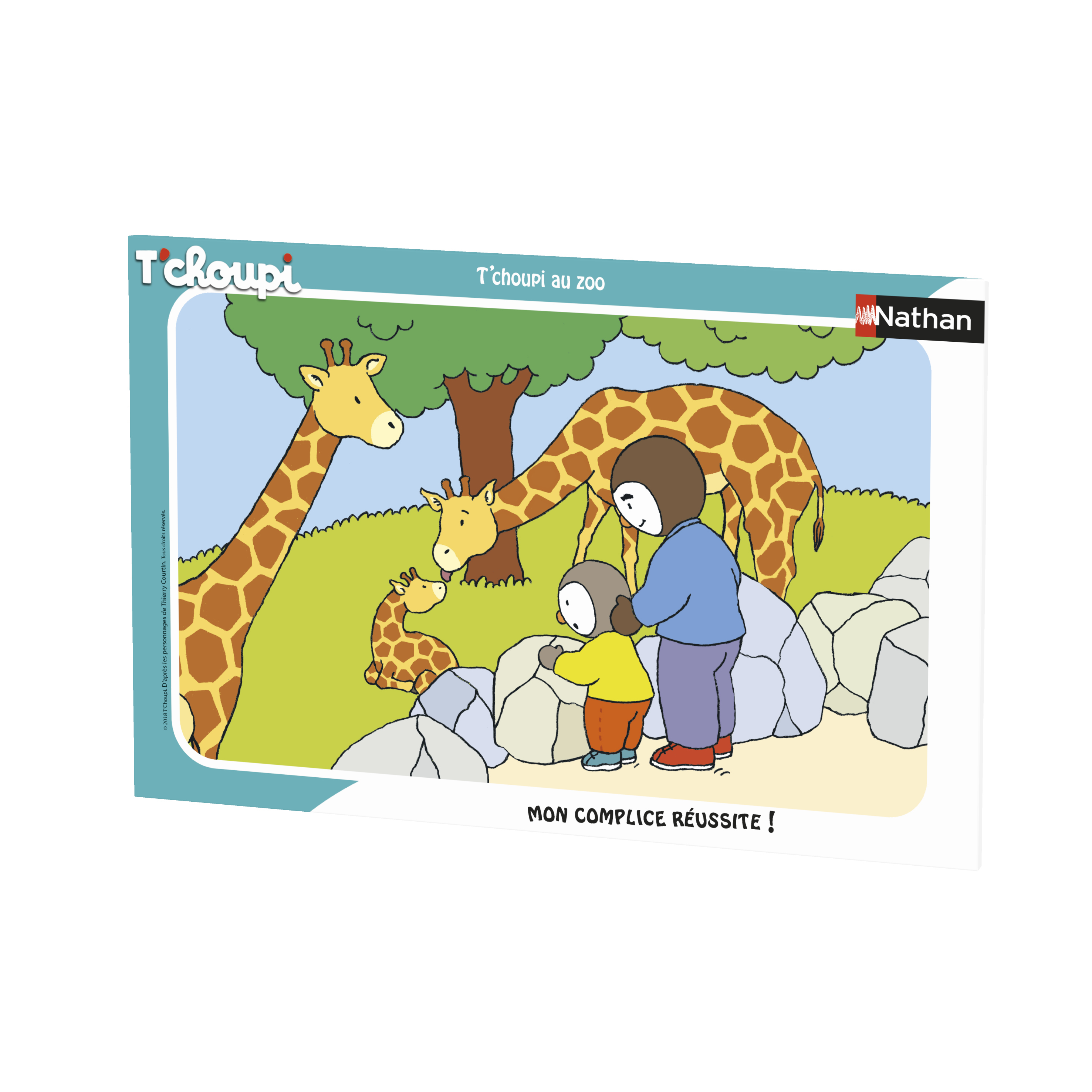 Ilustracja Tchoupiego w zoo z żyrafami i dwoma osobami, które na nie patrzą.