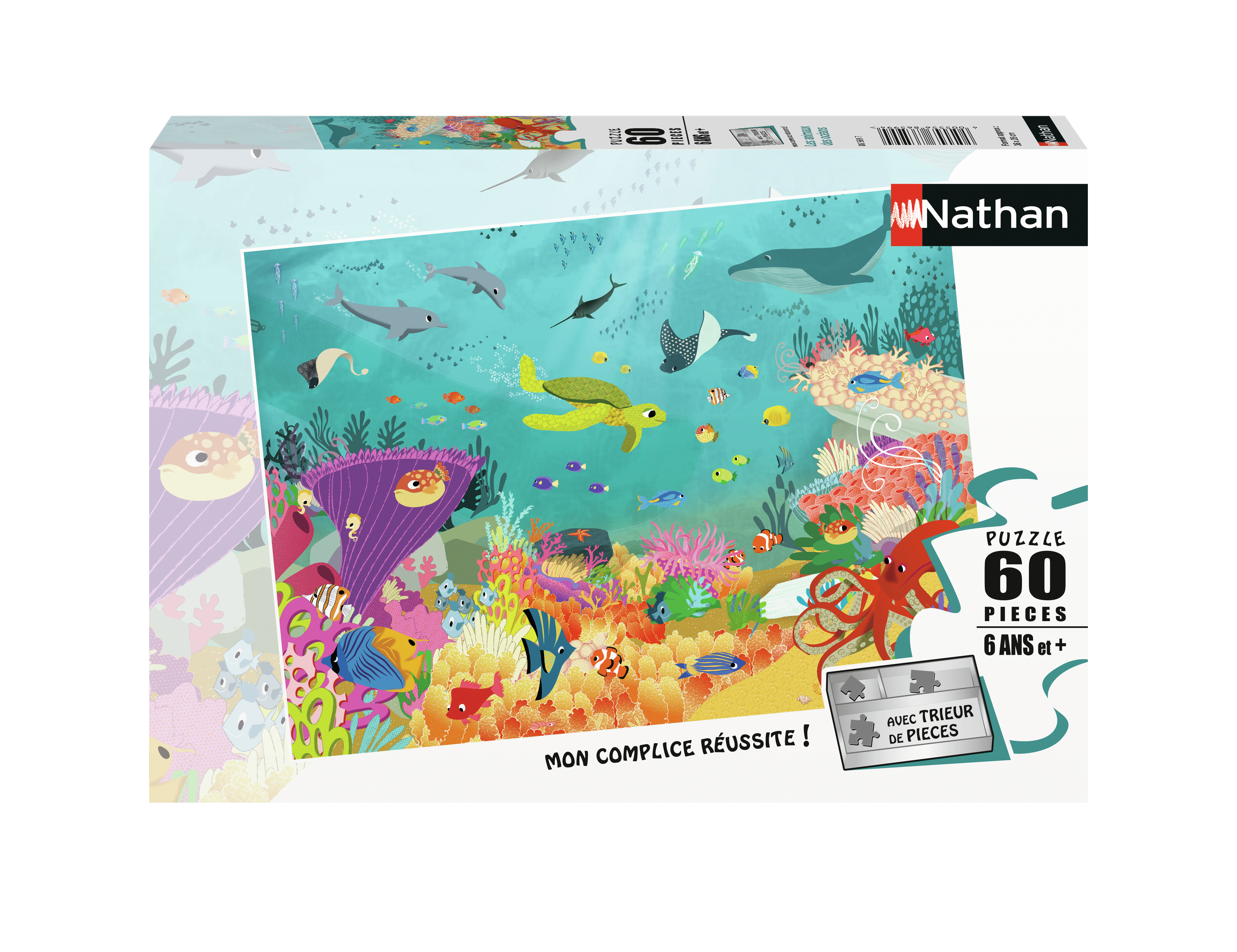 Pudełko puzzli ze sceną podwodną, koralowcami, rybami, żółwiem i wielorybem. Na pudełku napis '60 elementów'.