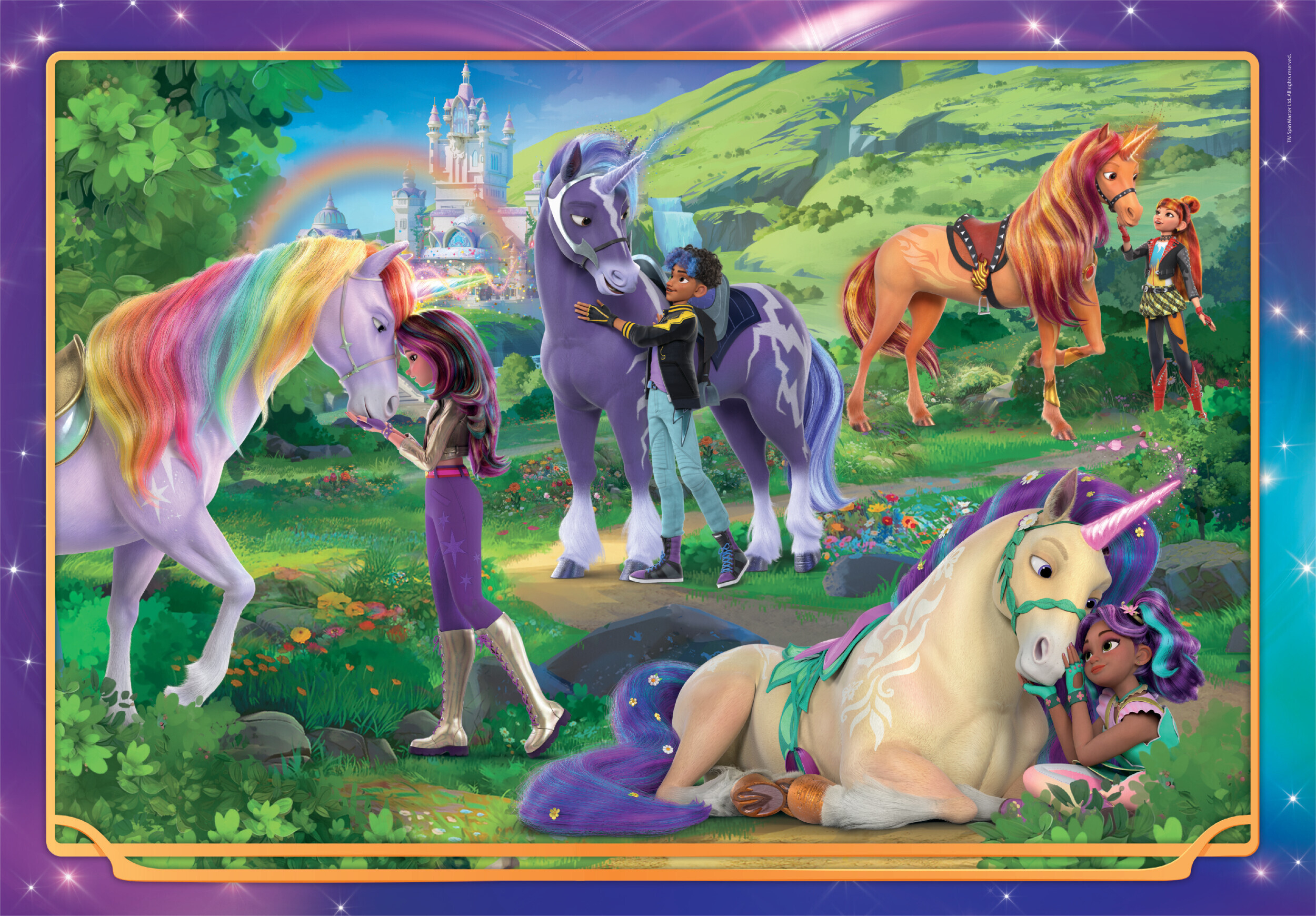 Scena fantasy: jednorożce, postacie, tęcza, zamek. Dziewczyna dotyka jednorożca.