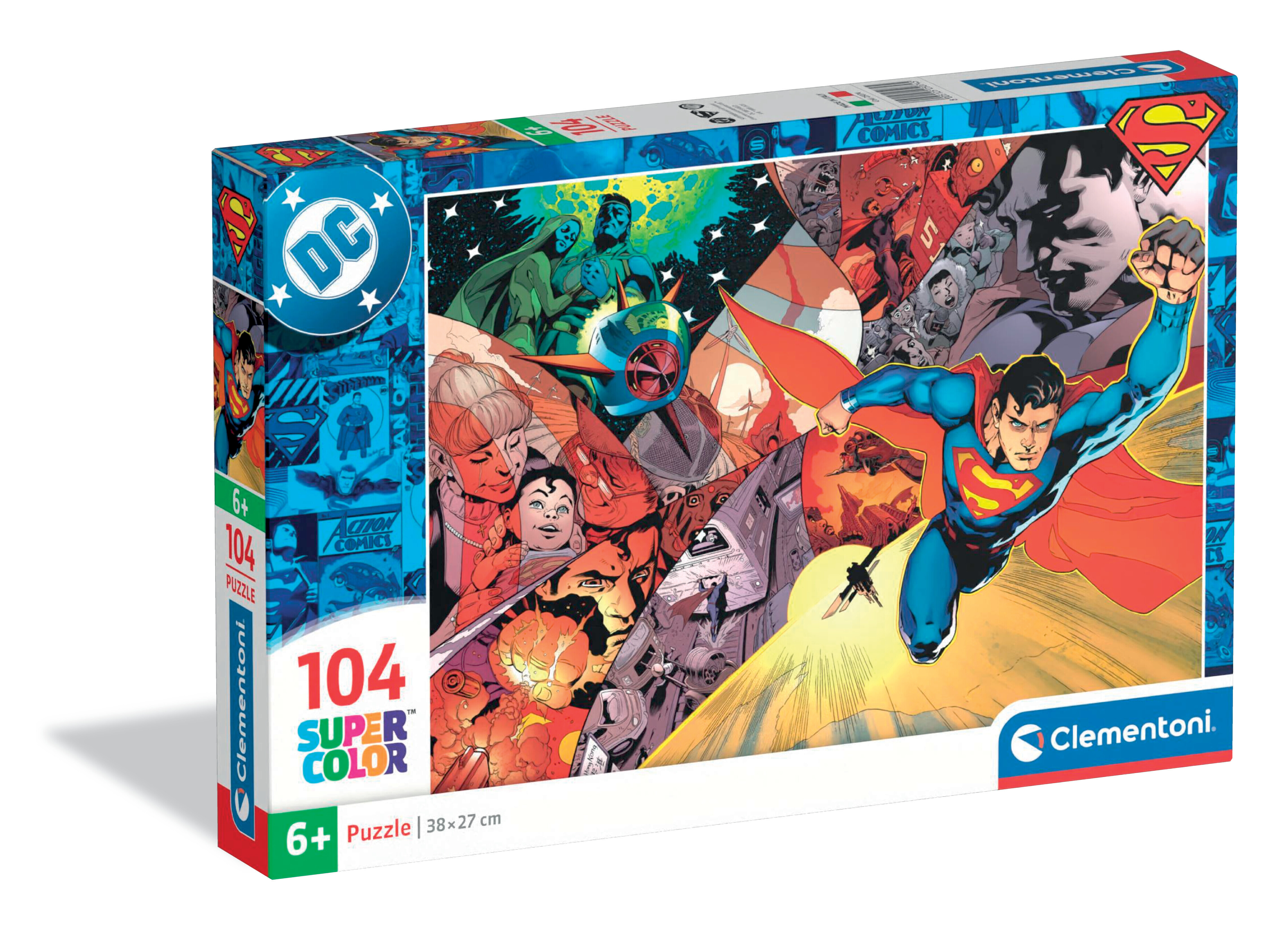 Pudełko z puzzlami Supermana. Superman w locie, czerwona peleryna, niebieski strój. Styl komiksowy, różne postacie, logo DC na górze.