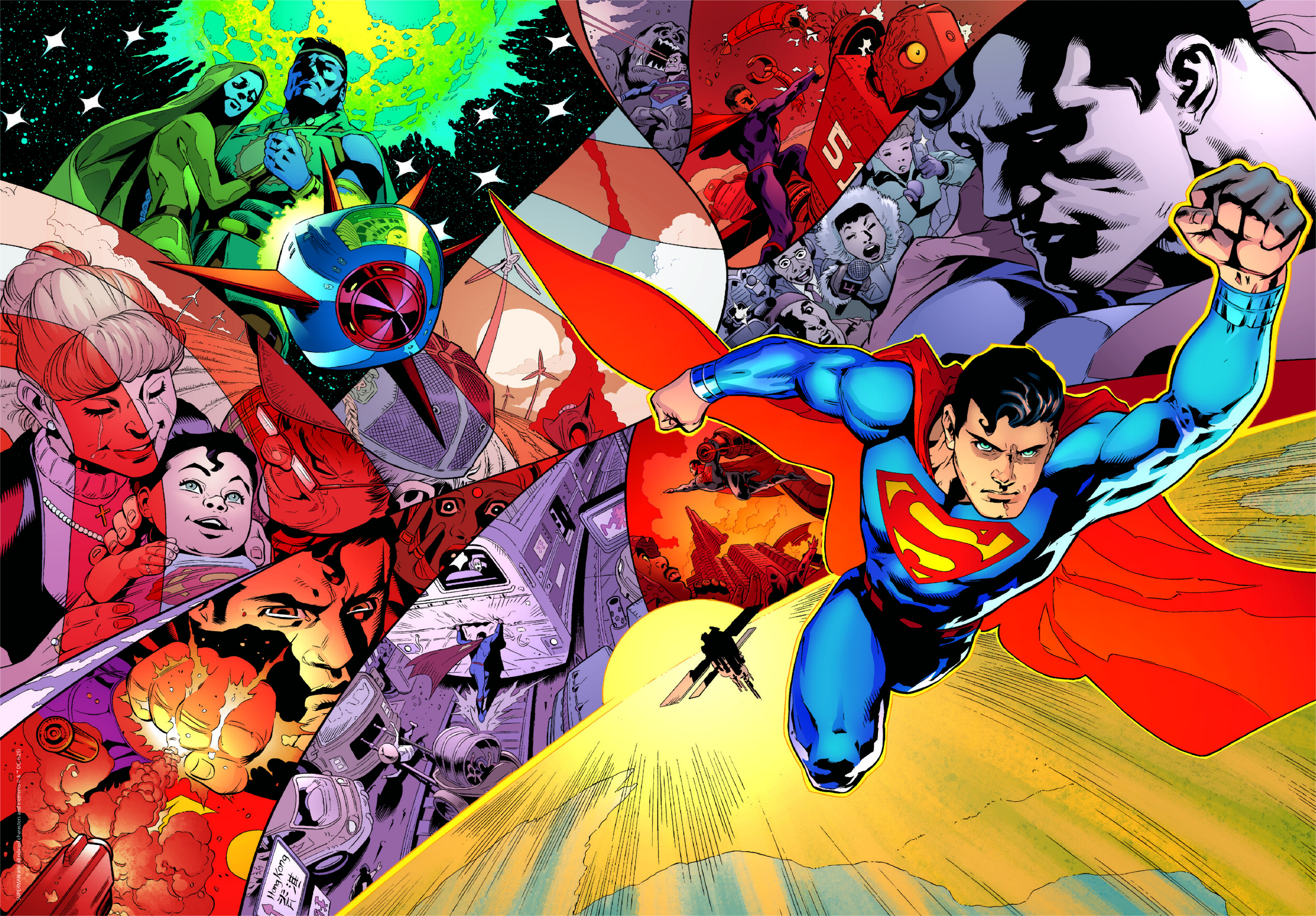 Kolaż komiksowy. Superman w locie, czerwona peleryna, niebieski strój, zaciśnięta pięść. Inne sceny obejmują postacie i miasto.