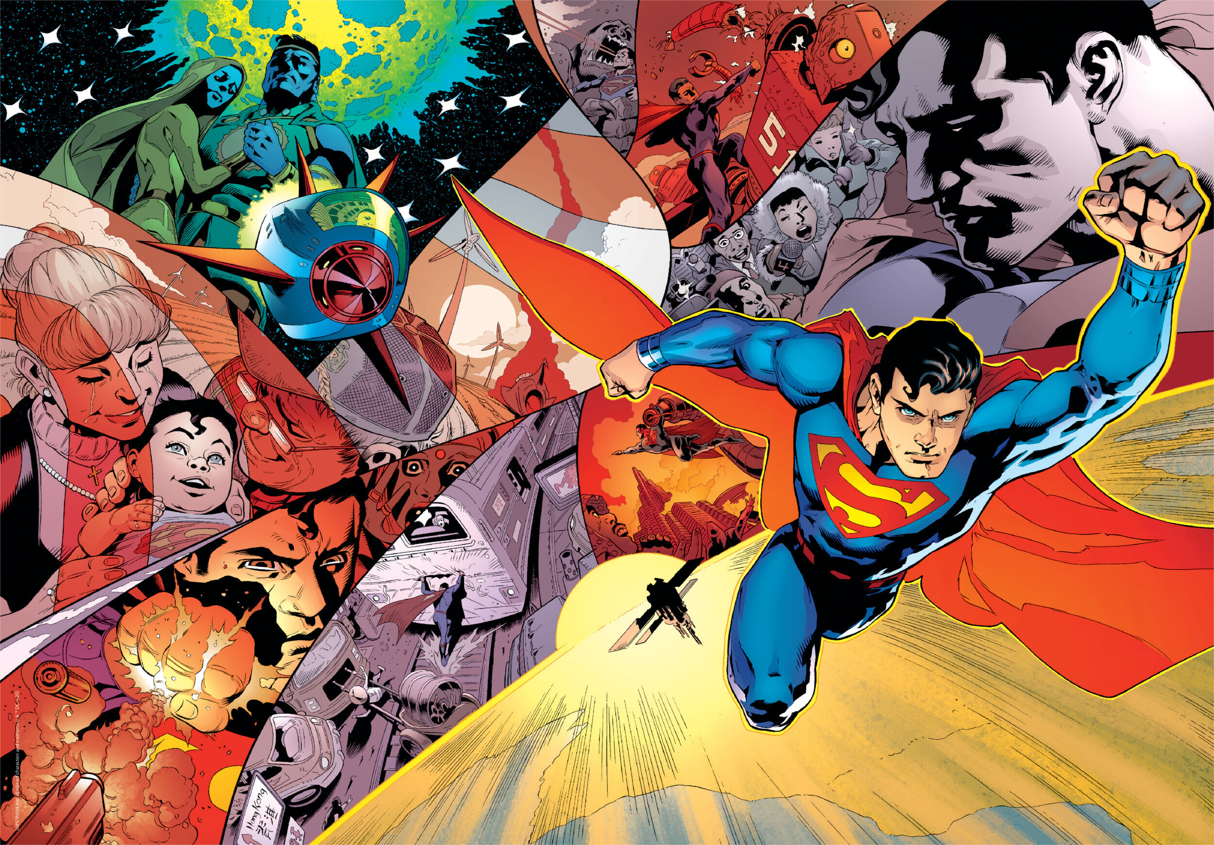 Superman w locie, kolaż scen z ludźmi, eksplozjami i różnymi panelami komiksowymi.