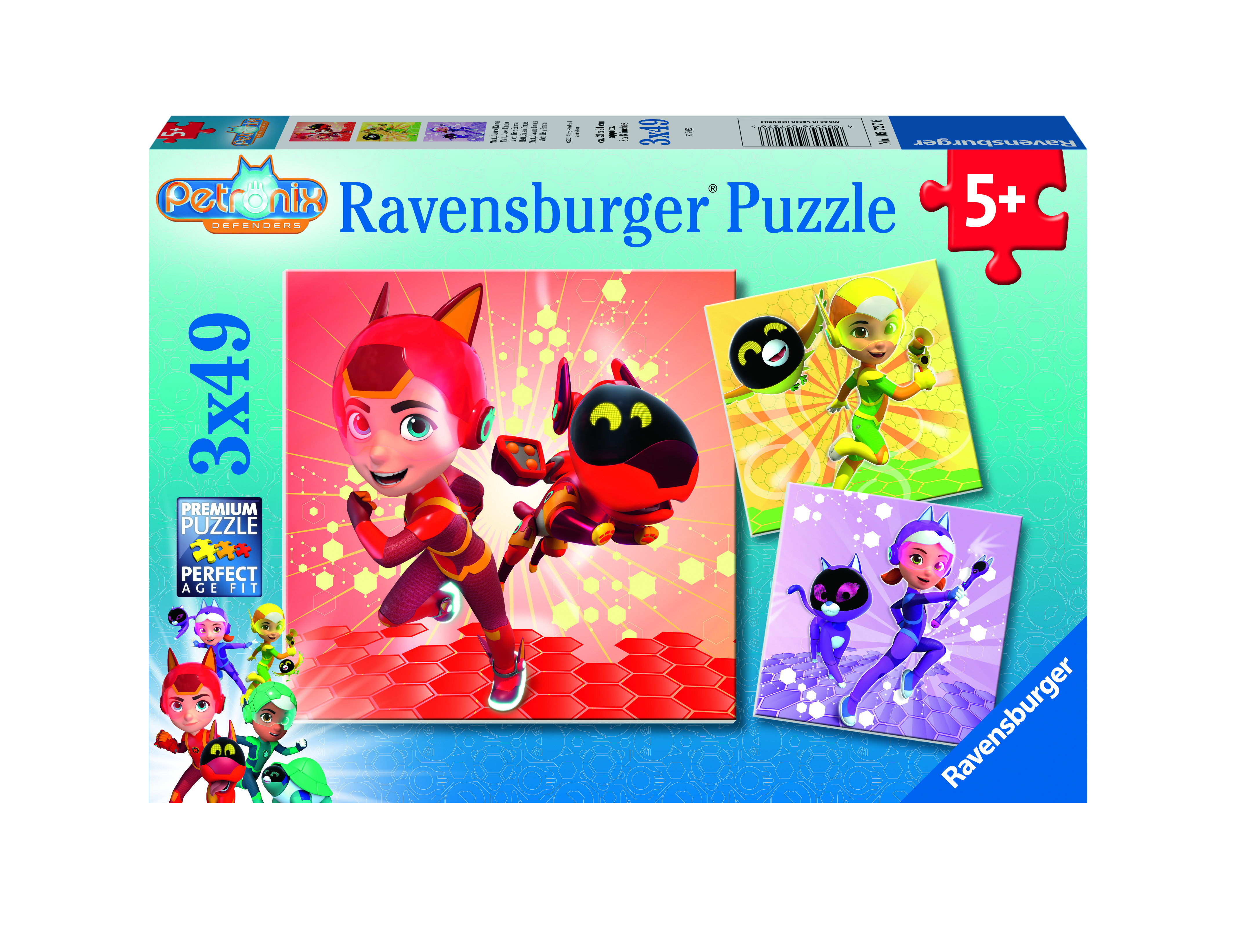 Pudełko z puzzlami z postaciami z kreskówek. Zawiera postacie w kolorze czerwonym, żółtym, zielonym i fioletowym. Widoczne logo Ravensburger.