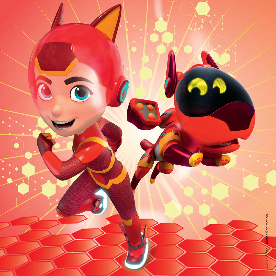 Kreskówkowy chłopiec i pies w czerwonych i żółtych strojach biegną do przodu. Tło jest czerwone i żółte z heksagonami.