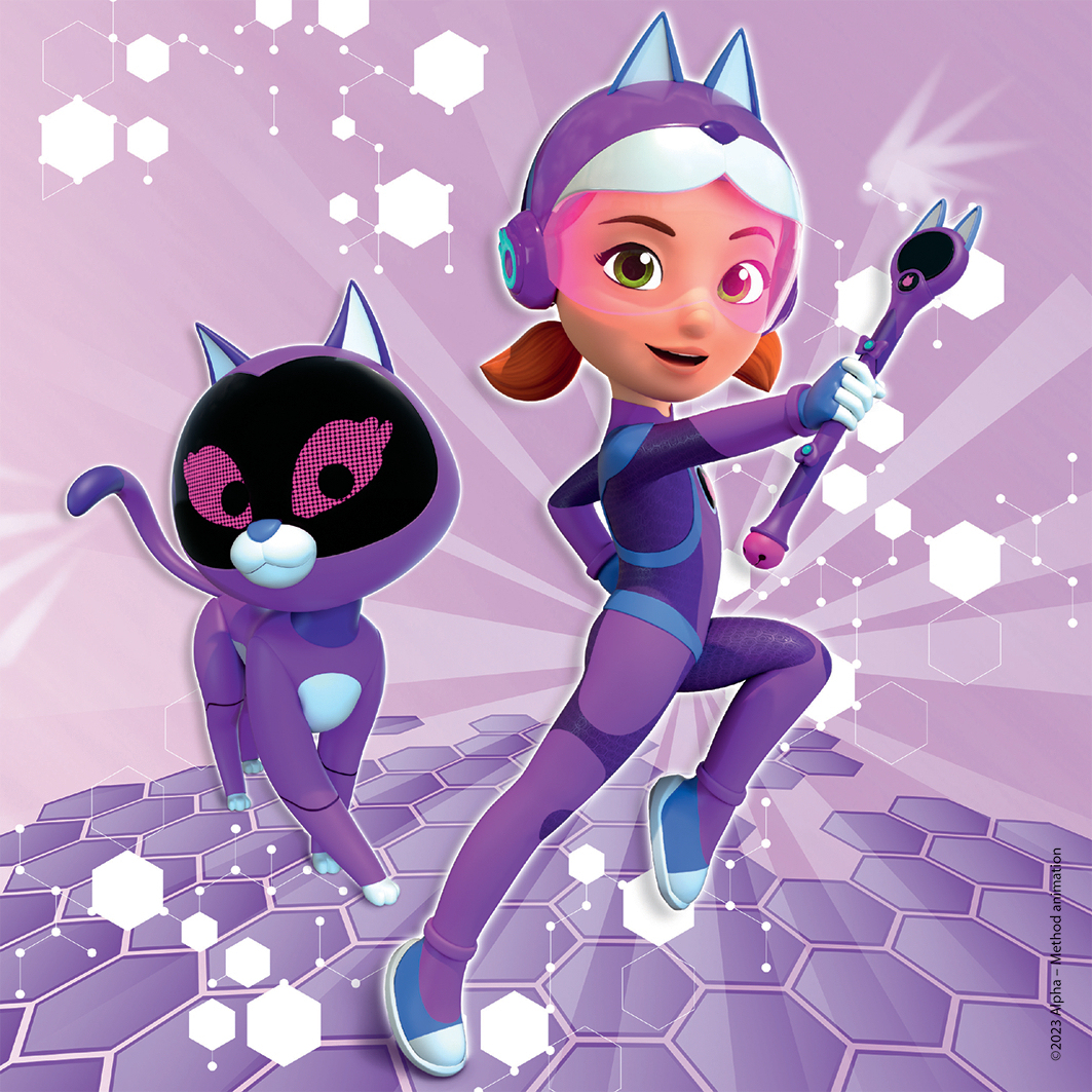 Dziewczyna w fioletowym kombinezonie z kaskiem z uszami kota i fioletowy robot-kot na fioletowym, sześciokątnym tle.