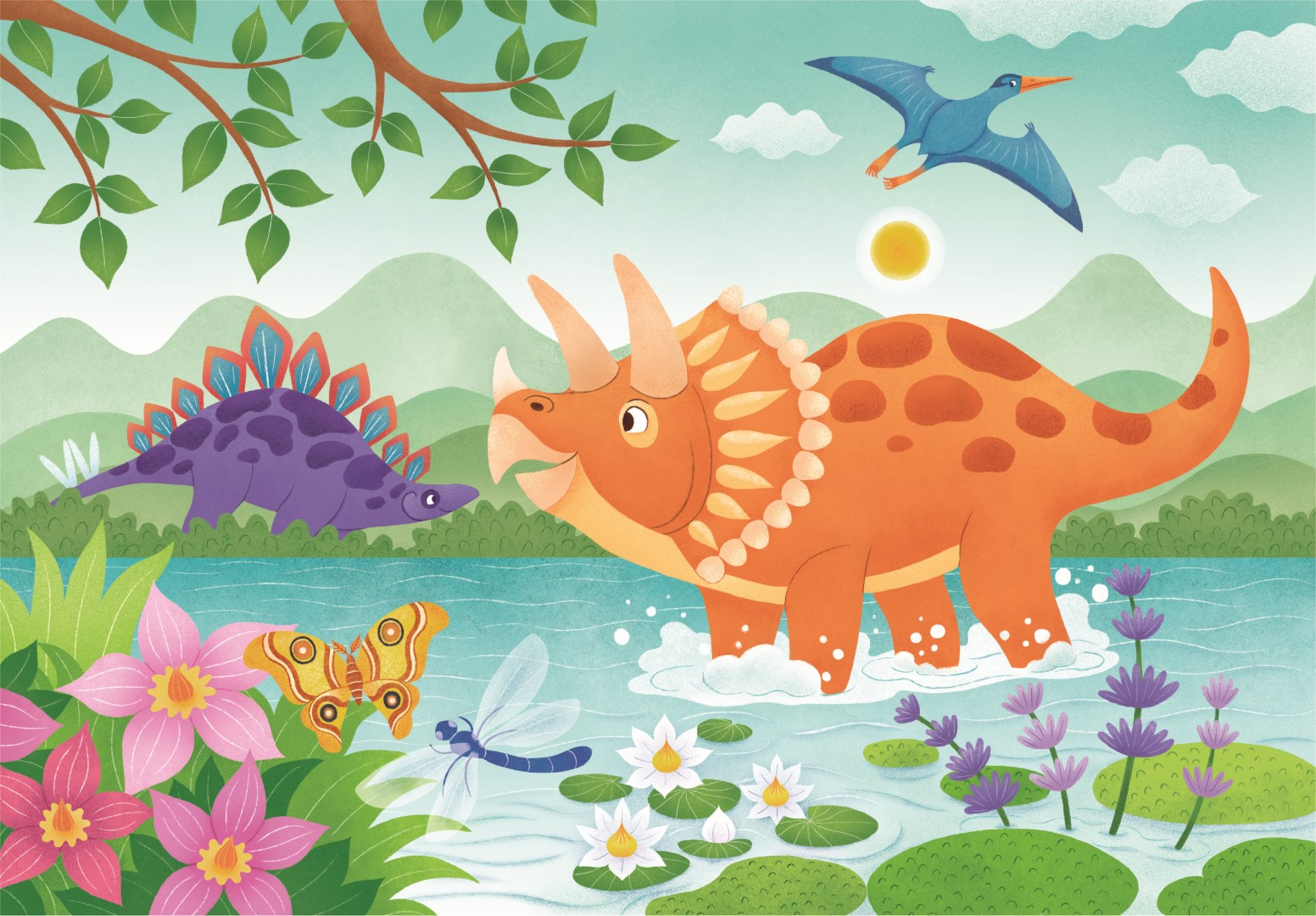 Ilustracja sceny z dinozaurami. Triceratops w wodzie, Stegozaur w pobliżu i Pterodaktyl na niebie.