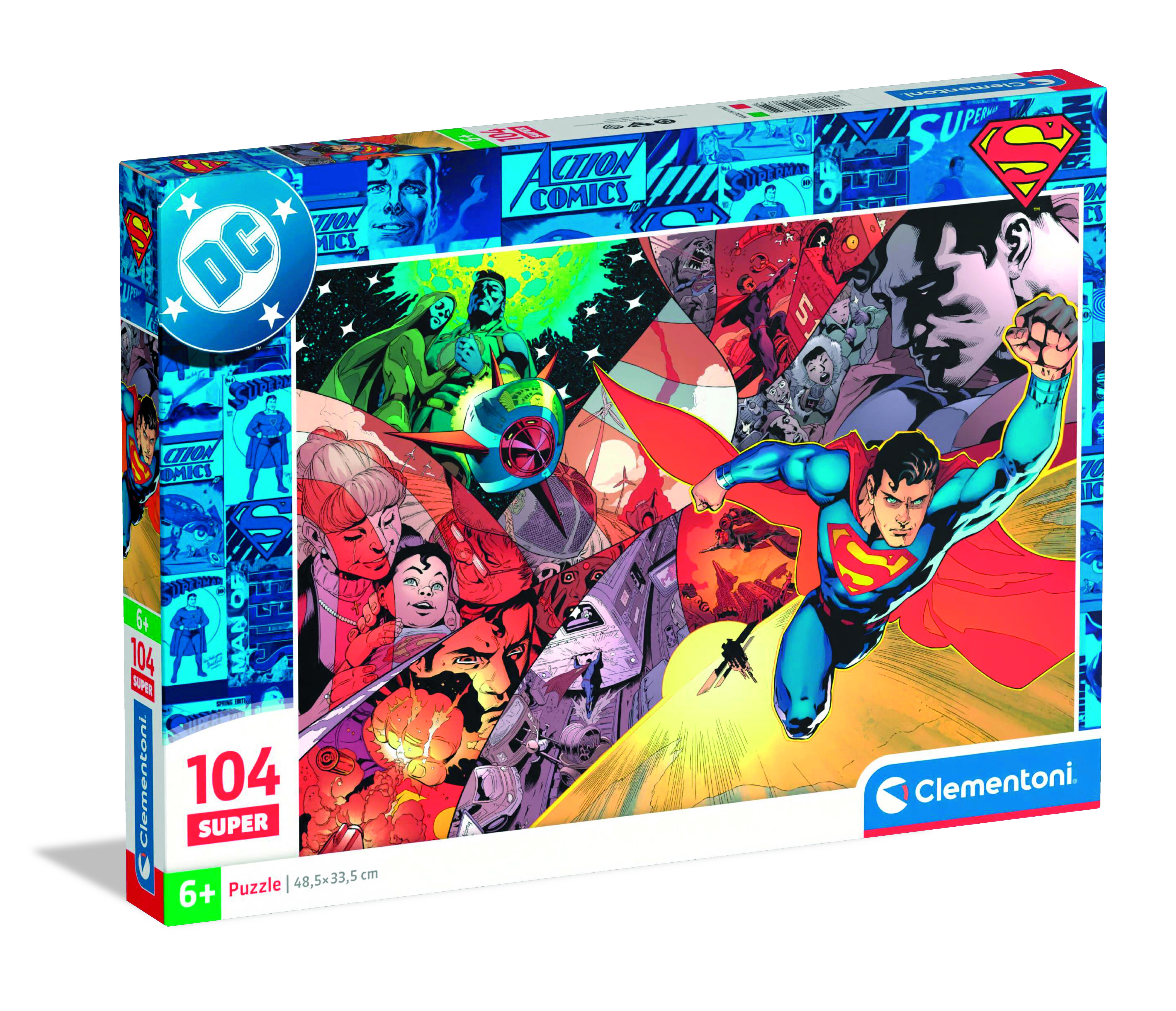 Boîte de puzzle avec des illustrations de Superman. Superman vole avec une cape rouge. Autres scènes de BD.