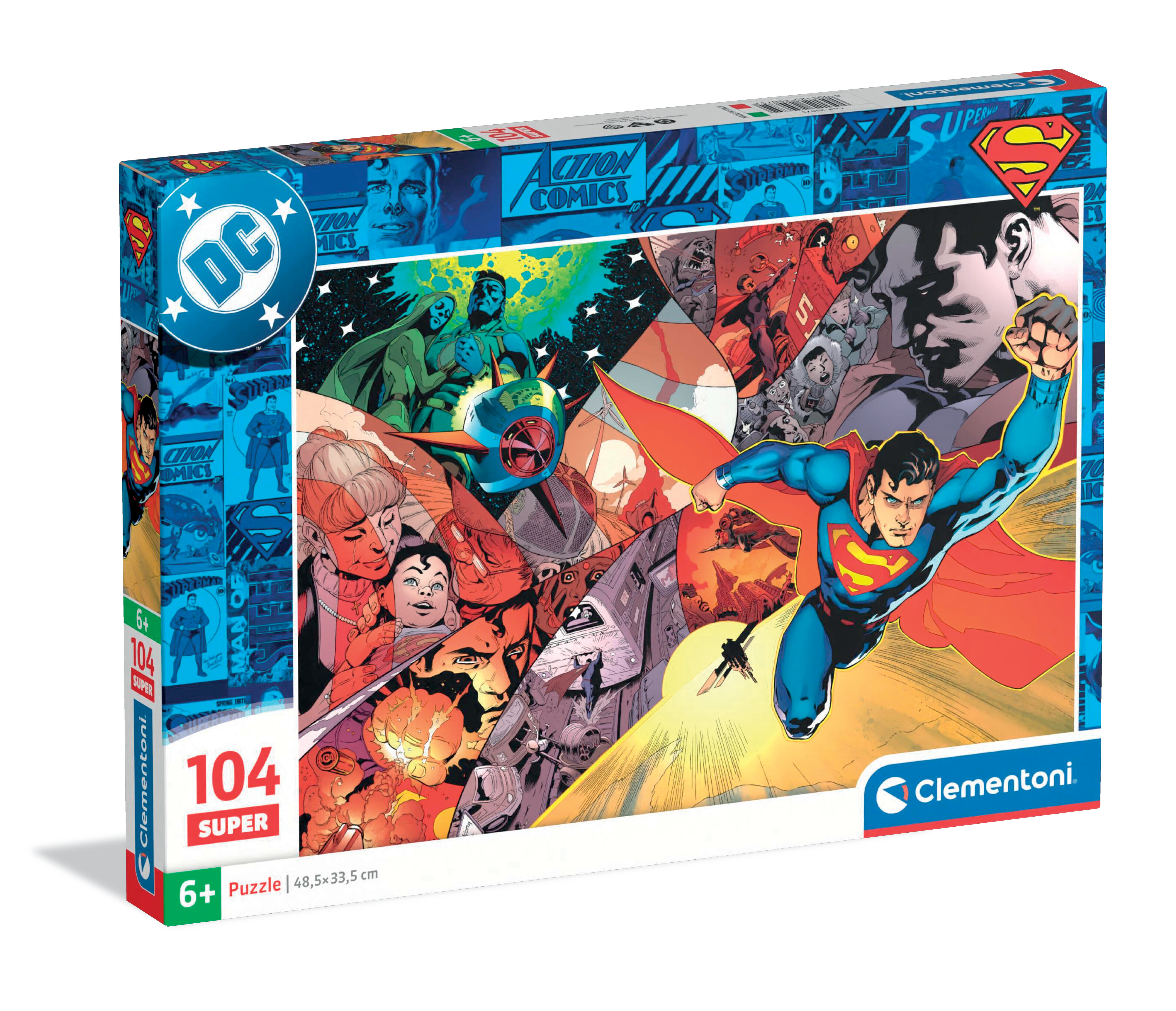 Boîte de puzzle avec image de Superman, panneaux de bande dessinée, logo DC et marque Clementoni.