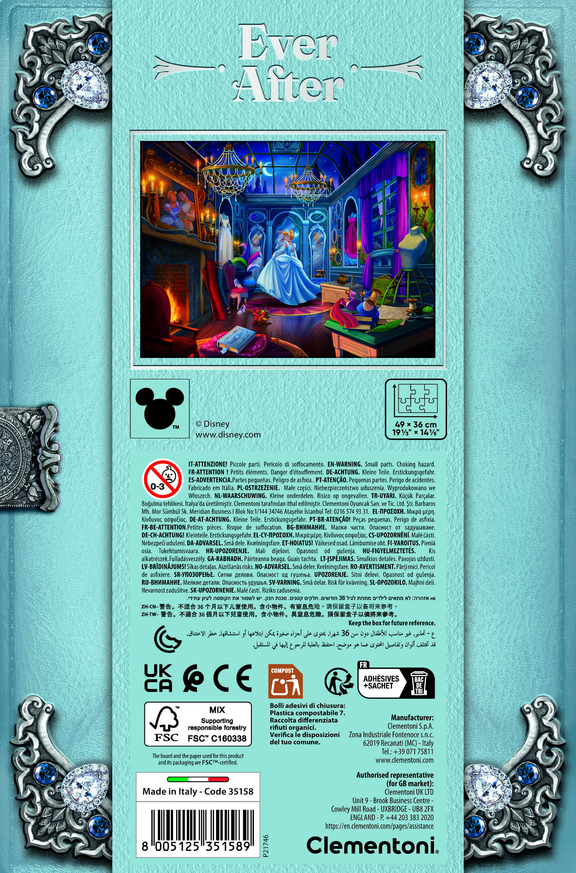 Pudełko z puzzlami ze sceną Kopciuszka, logo Disneya i ostrzeżeniami.