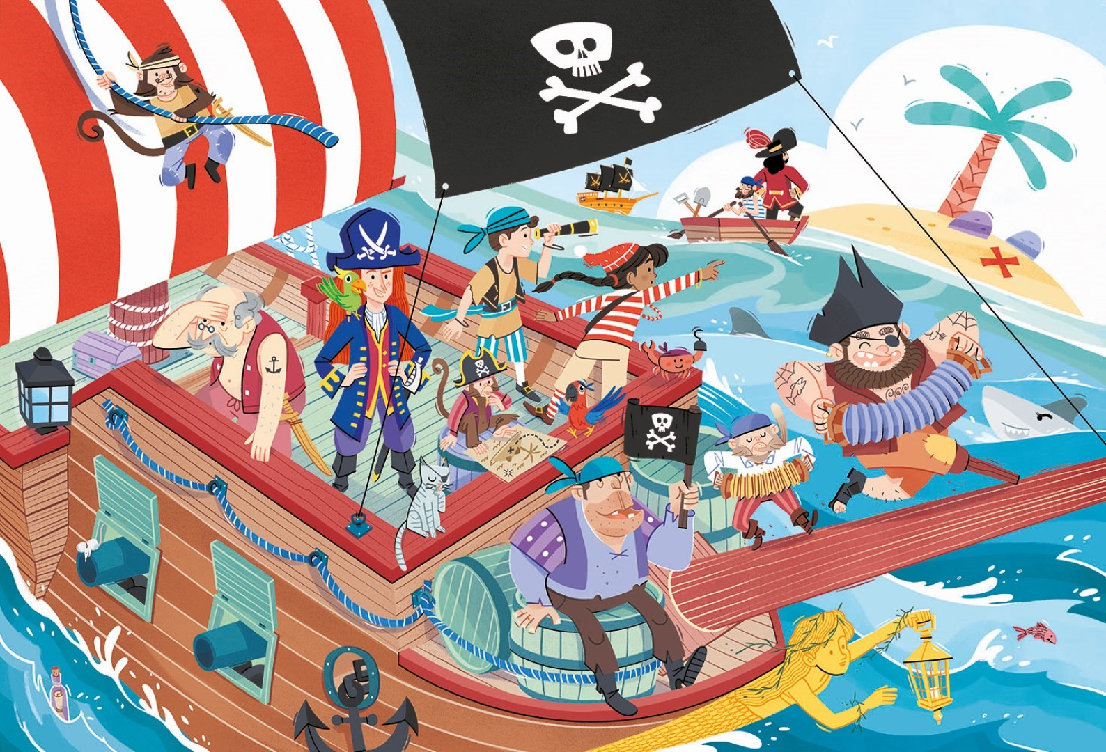 Ilustración colorida de piratas en un barco, con bandera negra, sirena y mapa del tesoro. Tiburones nadan en el agua.