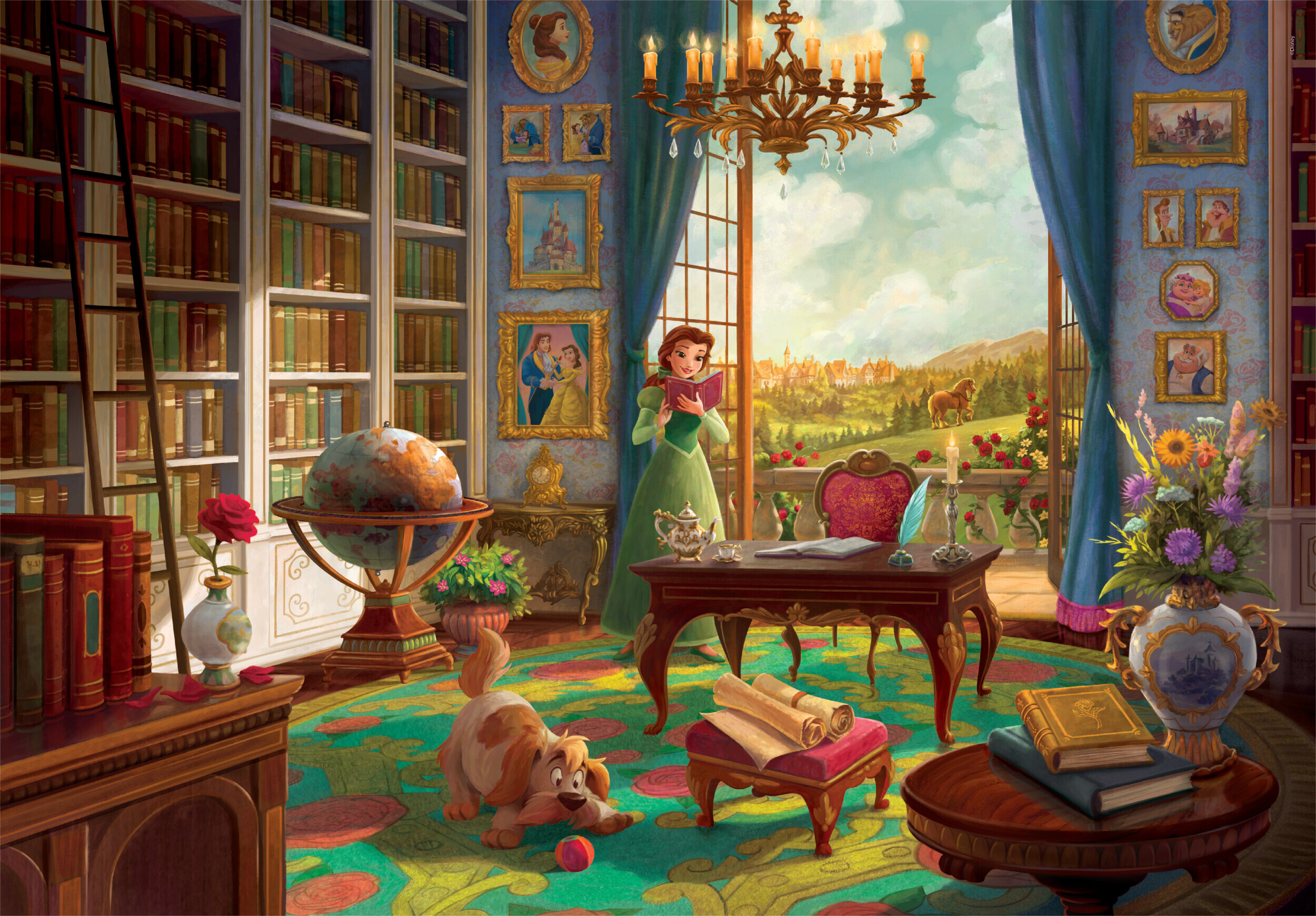 Kobieta w zielonej sukni czyta w bibliotece. Pies bawi się na podłodze. Widoczne półki z książkami i widok na miasto.